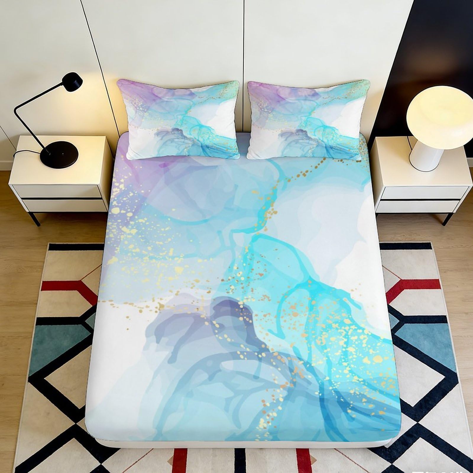 3D Printed Watercolor Ink Fitted Sheet Microfiber Blue Gold Splash Mattress Cover for Bedroom Decor Protection 90x200x25cm