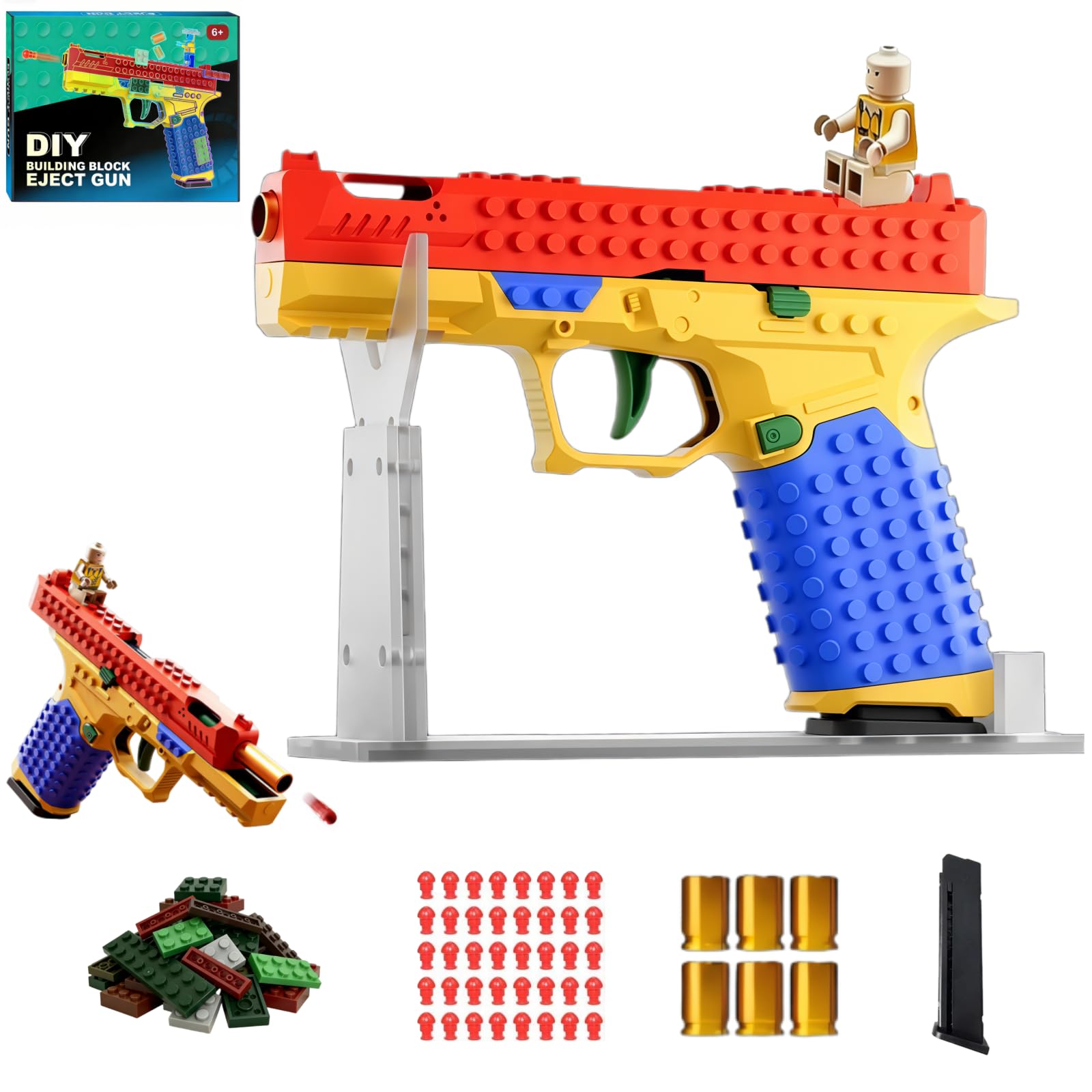 G FIRING Building Block Toy Gun, Automatic Shell Ejecting Blaster with DIY Fun, Fits Most Building Brick Systems, Includes Figurines & Display Stand,
