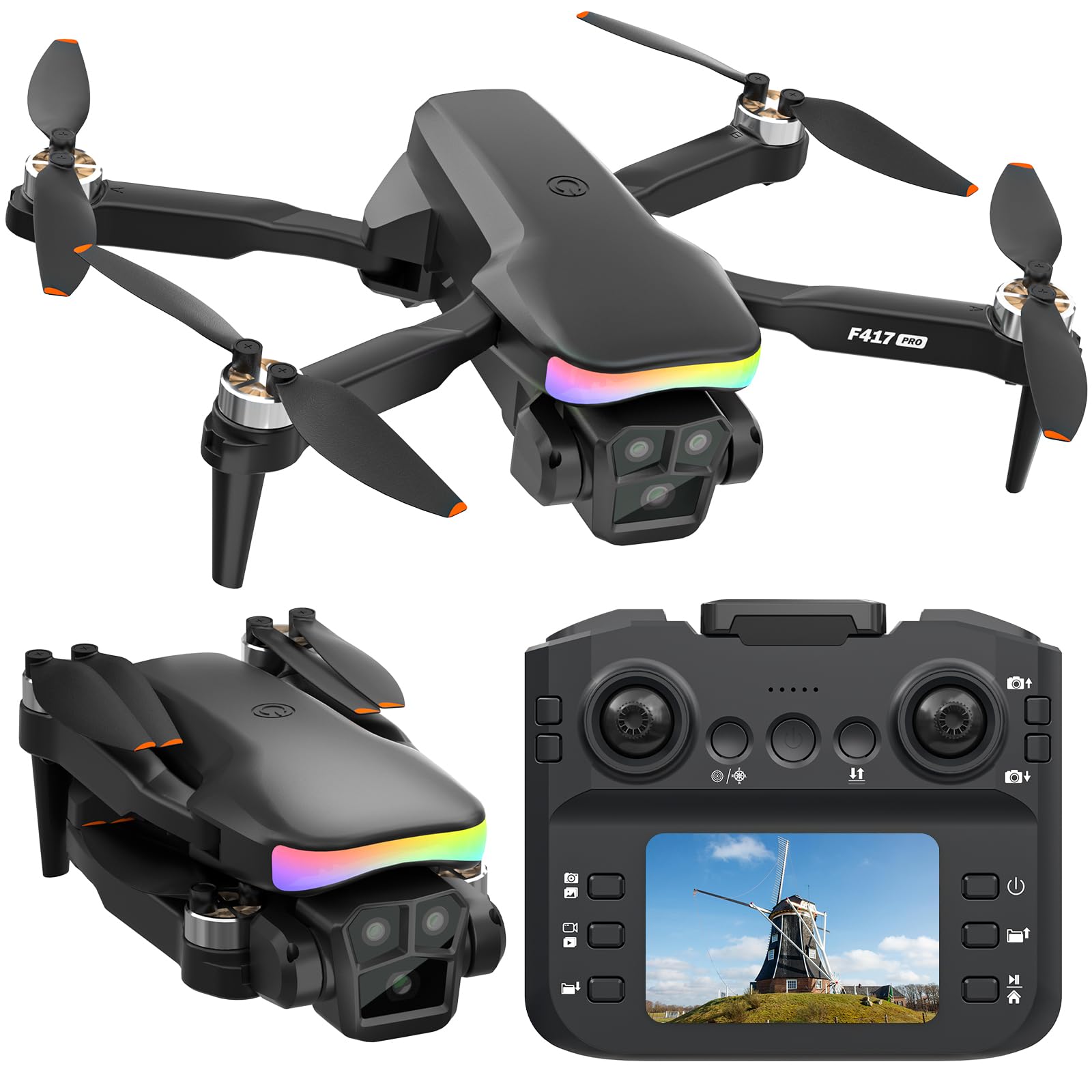 F417PRO FPV Drone con cƔmara para adultos niƱos principiantes, control remoto con pantalla LCD, minidron sin escobillas ajustable 1080P, giro 3D, Type-C, menos de 249g, Regalos para niƱos y niƱas