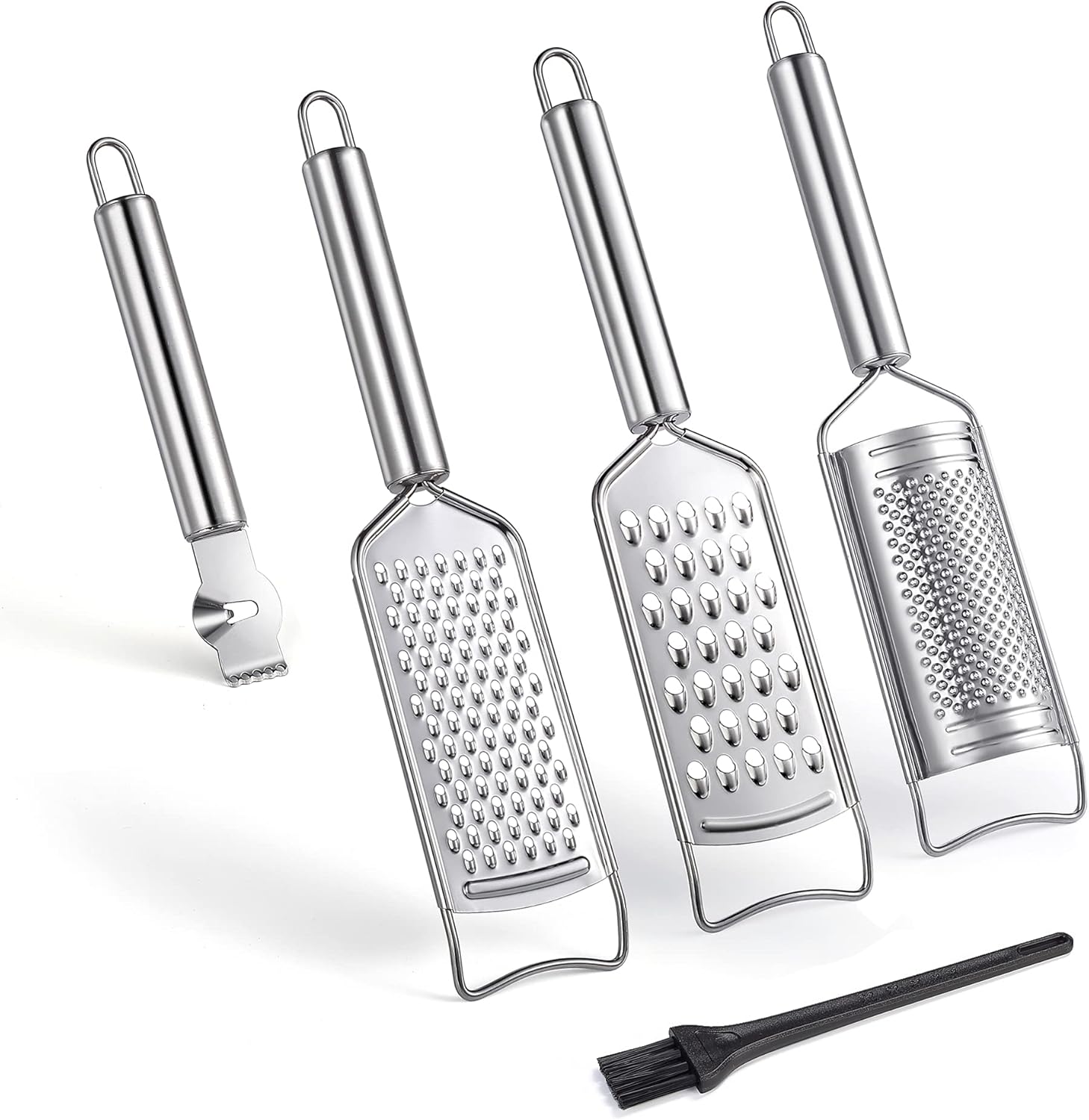 Tongjude Stainless Steel Cheese Grater Set, Set of 5 Kitchen Grater & Peeler & Slicer, Lemon Zester with Cleaning Brush for Vegetable, Fruit, Chocolate