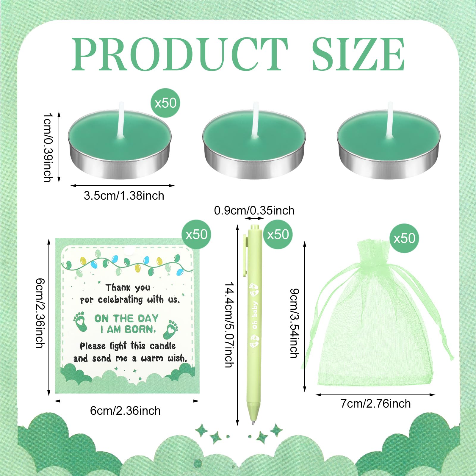 Ctosree 50 Sets Baby Shower Favors for Guests Include 50 Pcs Tea Light Candle Bulk Thank Tag and Chiffon Bag with Drawstring Retractable Ballpoint Pen for Gender Reveal Party Supplies(Baby,Green)