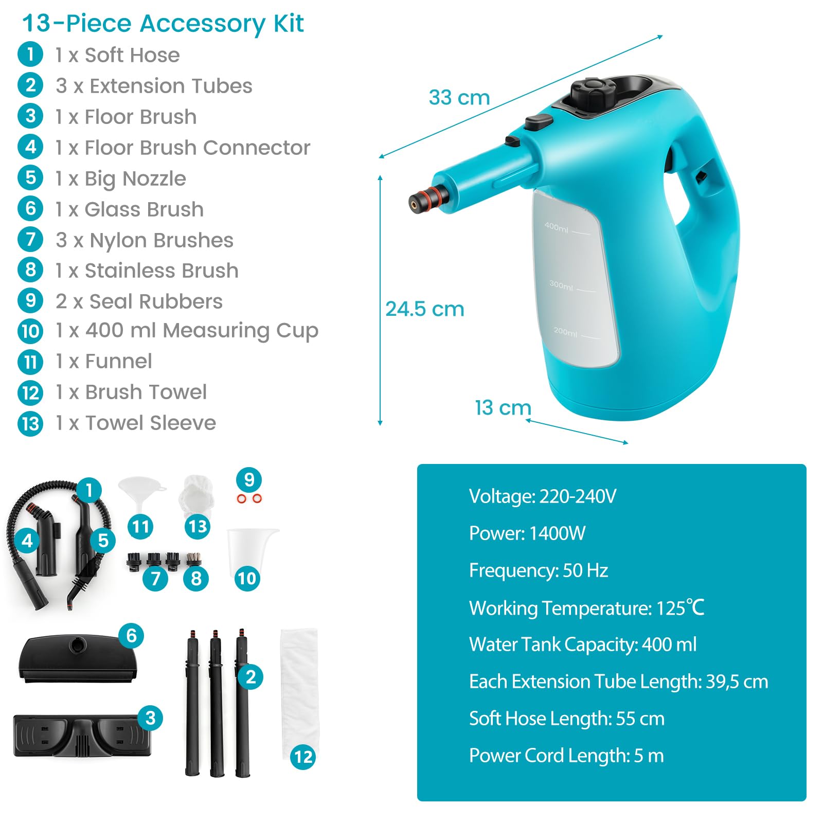 SOARS limpiador a Vapor con 14 Accesorios, Limpiador de Vapor: 2 bar, máx. 125 ℃, Listo en 1 Min, Potente 1500W, Depósito: 400ML, para Alfombras, Suelos y Ventanas (Azul)