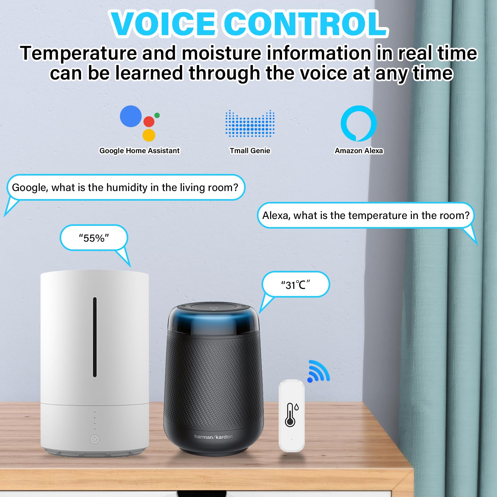 Thermomètre Wifi Intérieur Hygromètre Connecté Alarme Intelligente, Commande Vocale, Utilisé avec l'application Smart Life/Tuya, Compatible avec Amazon Alexa, Google Home, 4 pièces