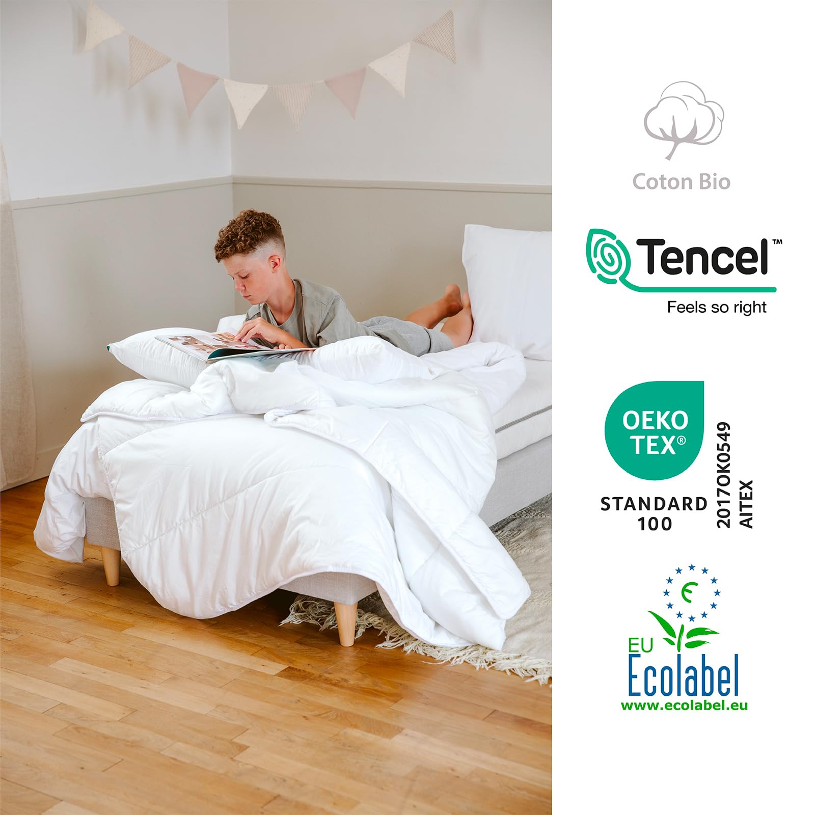 Kadolis - Piumone per bambini Hawi TENCEL™ Lyocell Cotone organico 140x200 cm - Piumone leggero per letto a 1 posto - 150gr/m2 - Morbido e traspirante - OEKOTEX