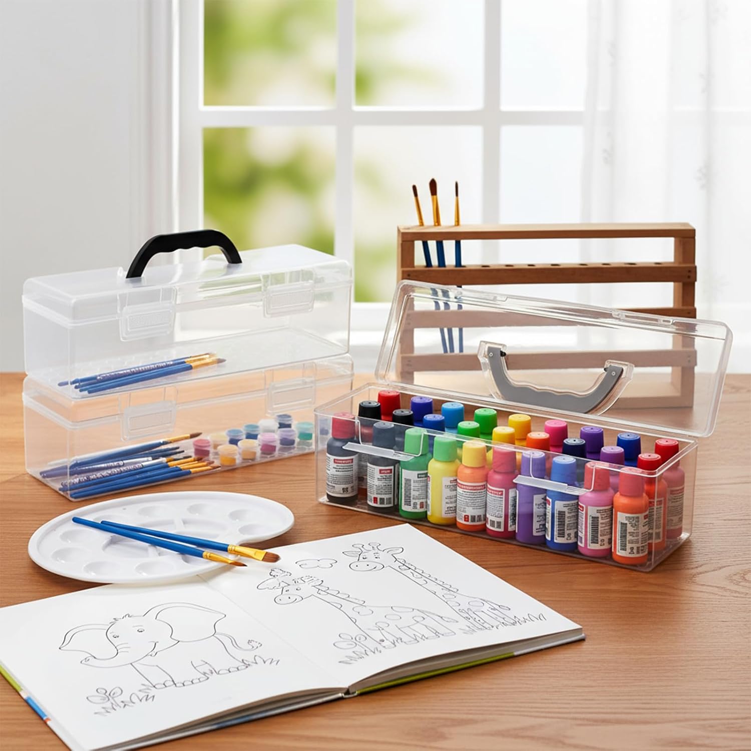 3 Pack Clear Paint Storage Box Organizer with Handle - Holds 30 Bottles of 2 oz Acrylic Paints - Portable Plastic Art Supply & Craft Case