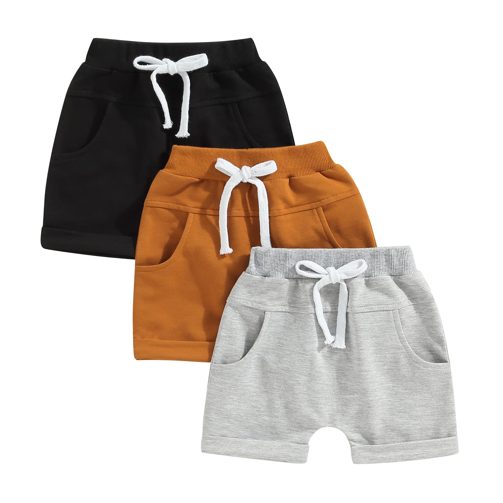 Thilsidee 3 Pack Toddler Baby Boy Girl Solid Color Shorts Elastic Waist Casual Short Trousers Spring Summer Fall Short Pants (A-Black Brown Grey, 2-3 Years)