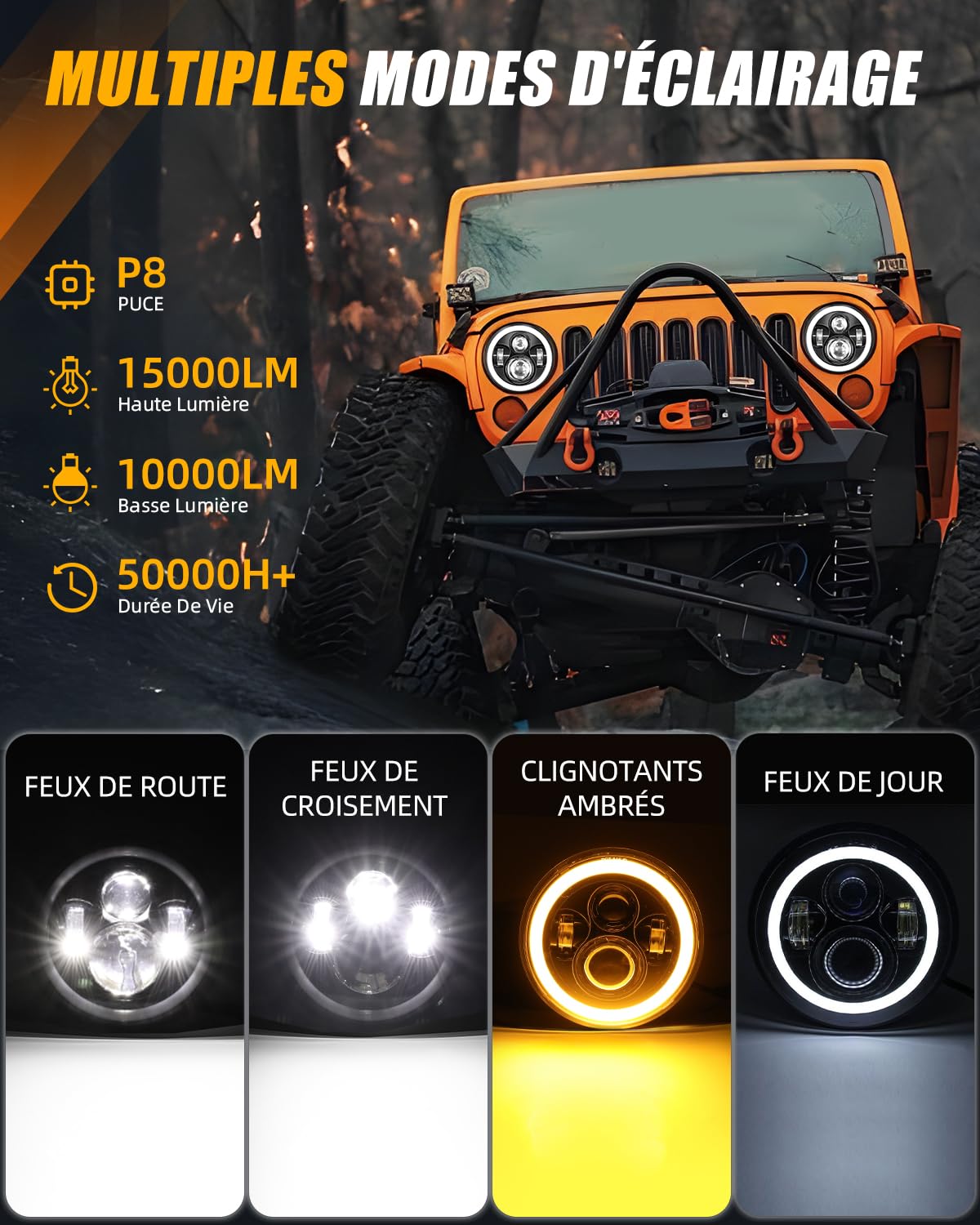 BraveWAY Phare Led 7 Pouces 80W 15000LM, 4 Modes Eclairages 4 Lentilles Angel Eyes, Dot Approuvé Hi Lo Beam Avec Drl Ambre Blanc, Câble H4-H13 Compatible Avec Wrangler Jk TJ LJ CJ Hummber H1 H2