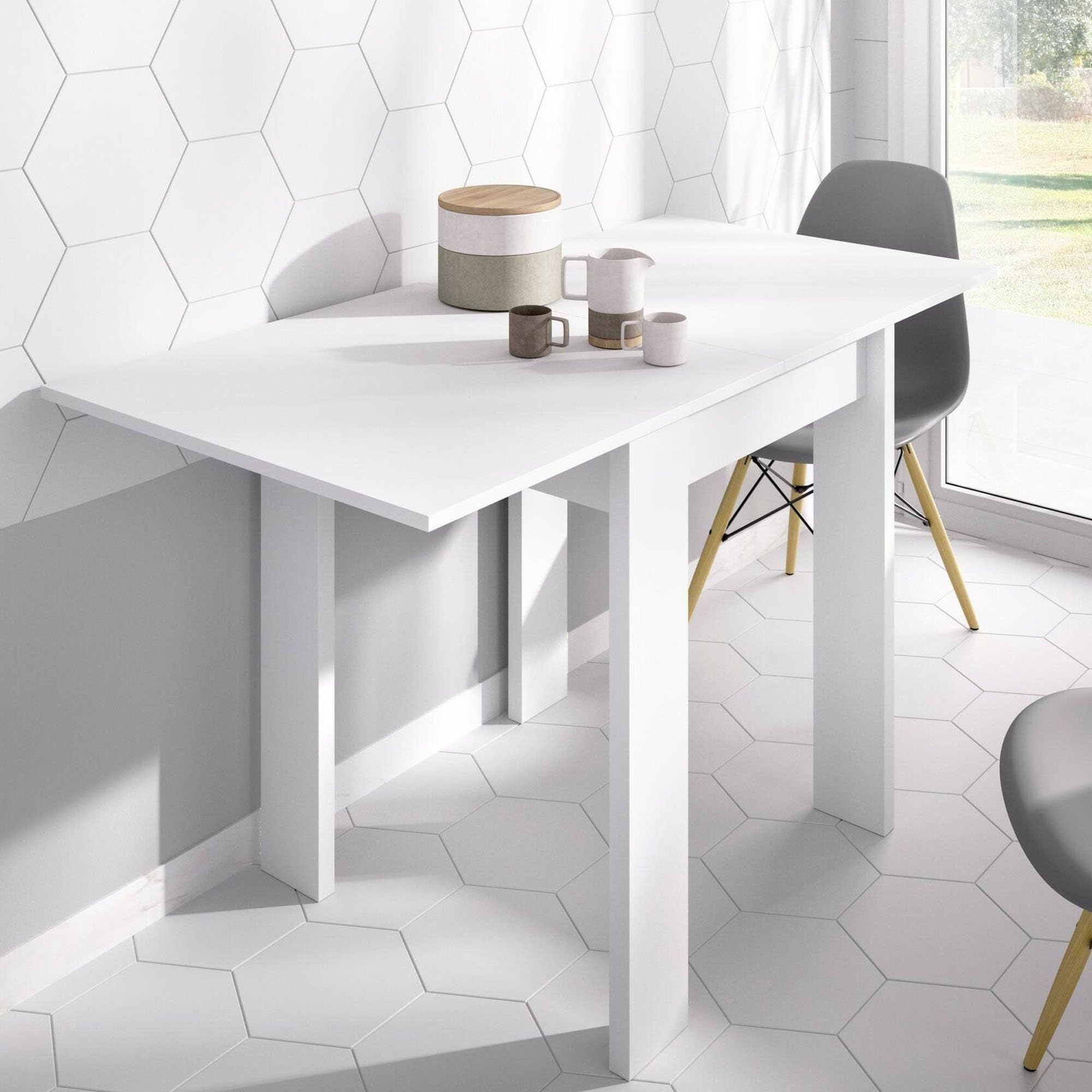 Dmora -Tavolo allungabile Comer, Consolle estensibile multiposizione,Tavolo consolle ausiliare pieghevole, 79/134x67h79 cm, Bianco