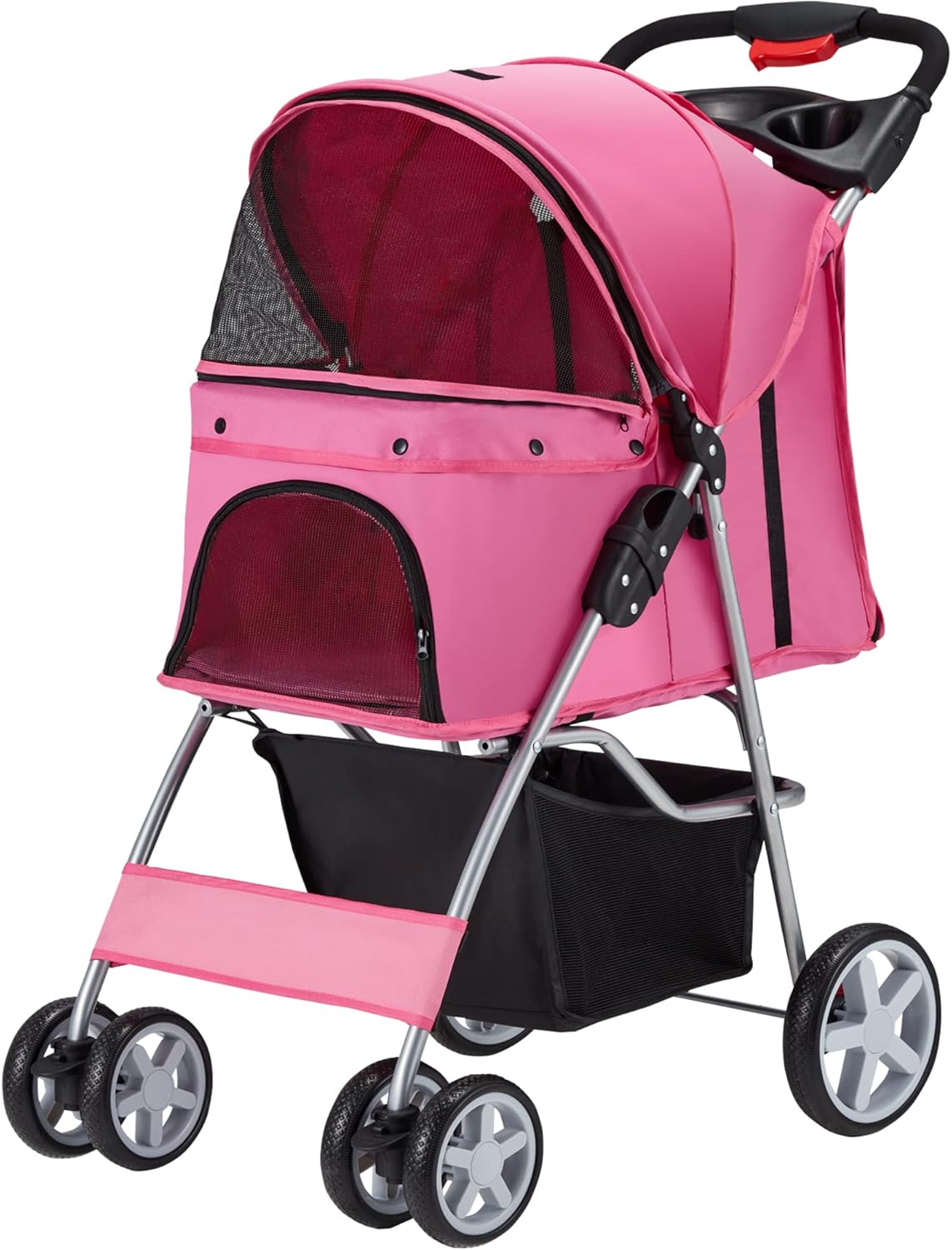 Azaeahom Pet Stroller 4 Wheels Dog Cat Stroller for Medium Small Dogs Cats, Folding Cat Jogger Stroller with Storage Basket & Breathable Mesh, Easy to Walk Travel Carrier, Pink