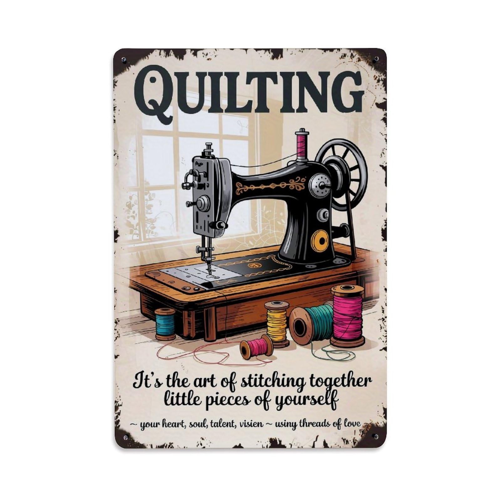 Jdyaojiesheng Vintage Sewing Machine Quilting Art Tin Sign Retro Metal Wall Decor Metal Poster, Home Bar Garage Farmhouse Cafe Wall Art Decoration 8X12inches