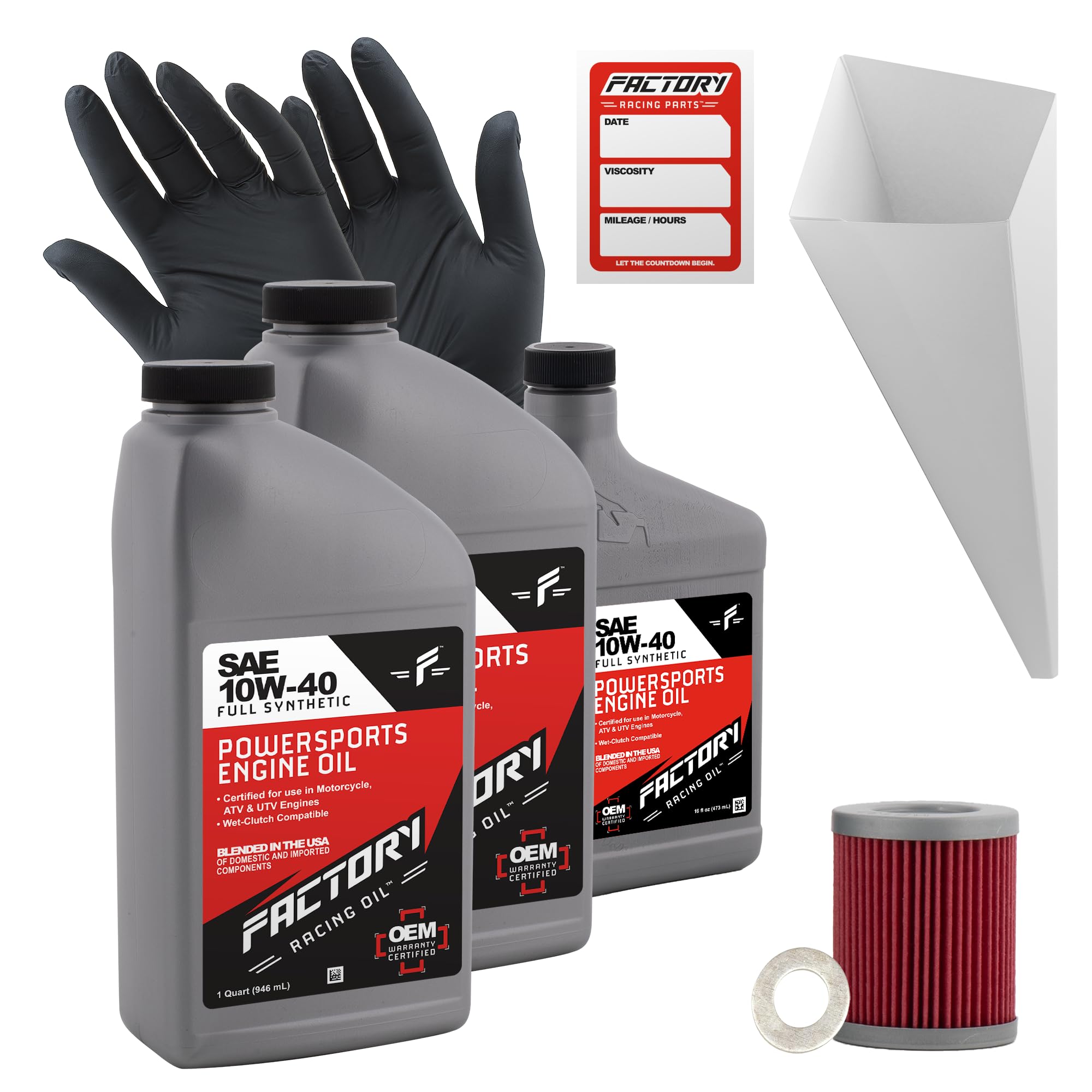 Factory Racing Parts Oil Change Kit compatible with Suzuki LT-Z250 Quadsport – Includes 2.5 Quarts of 10W-40 Full Synthetic Oil, 1 Filter, 1 Crush Washer, 1 Funnel, 1 Oil Change Reminder Sticker