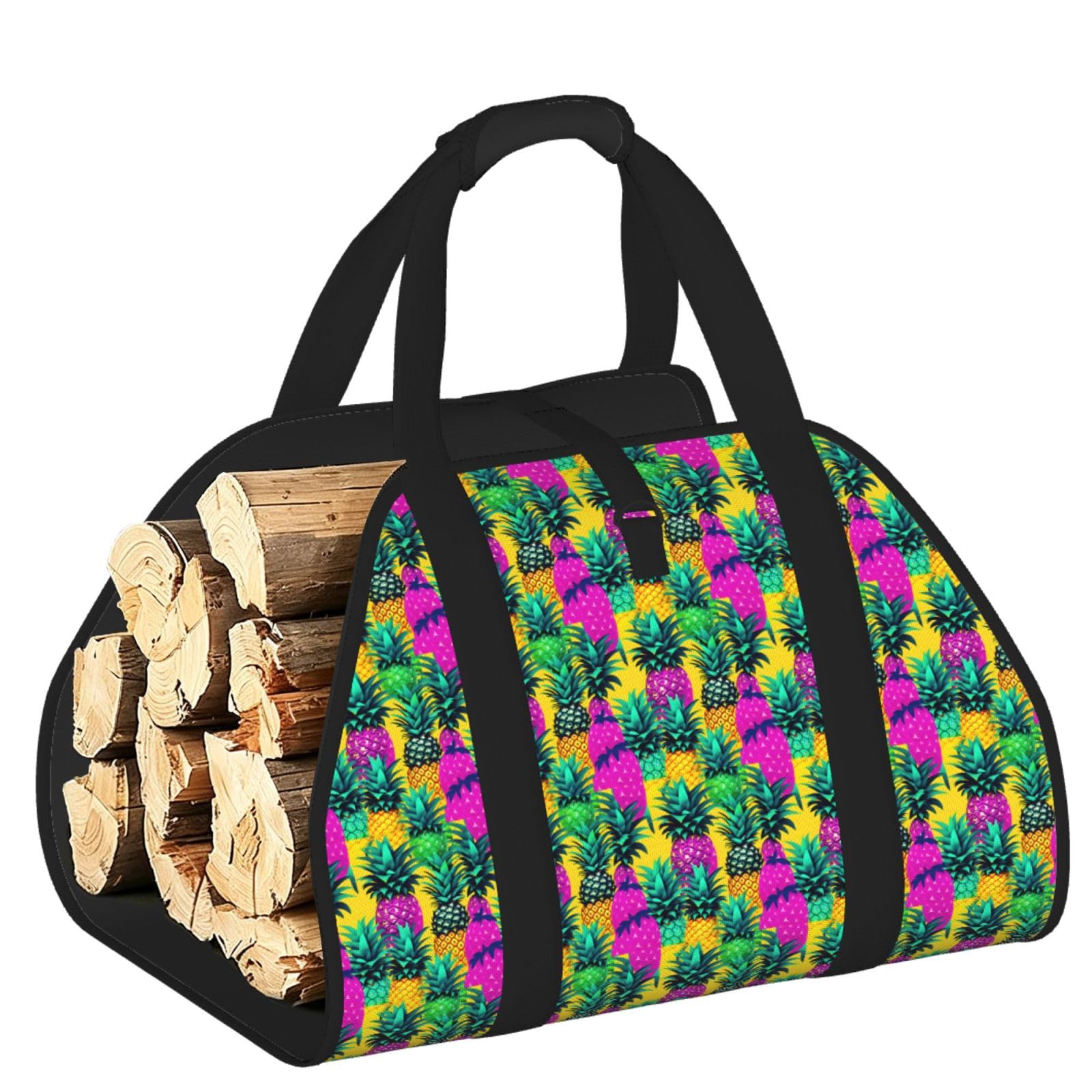 Ayyqwe Black Colorful Pineapple Print Firewood Bag Wood Waterproof Versatile Camping Picnic Storage Daily Home