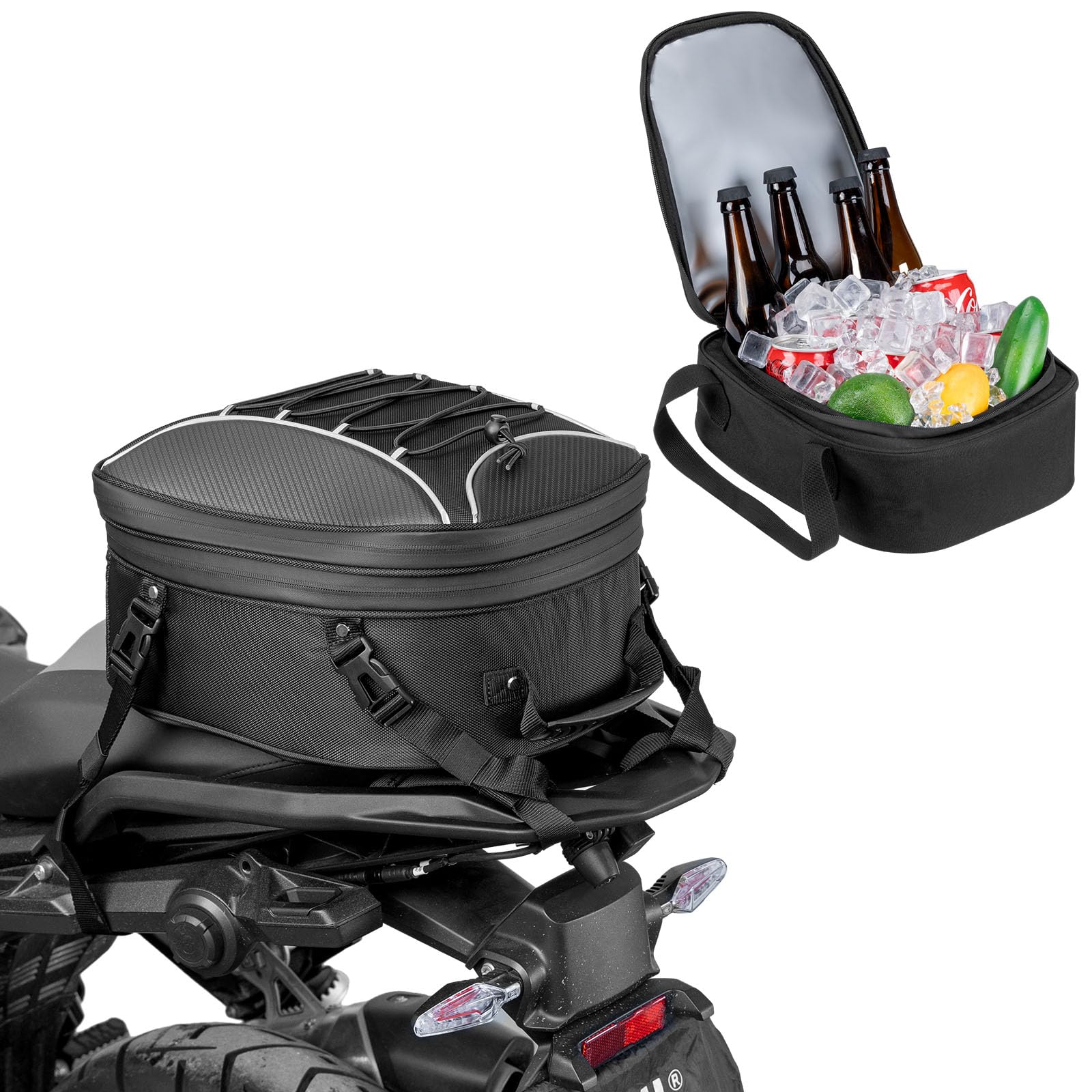 KEMIMOTO 2 IN 1 Motorrad Tasche 22-34L mit Kühlfunktion, wasserdichte Motorrad Hecktasche, Große Kapazität, Erweiterbare Satteltasche, Gepäckträgertasche, 10L Isoliertasche