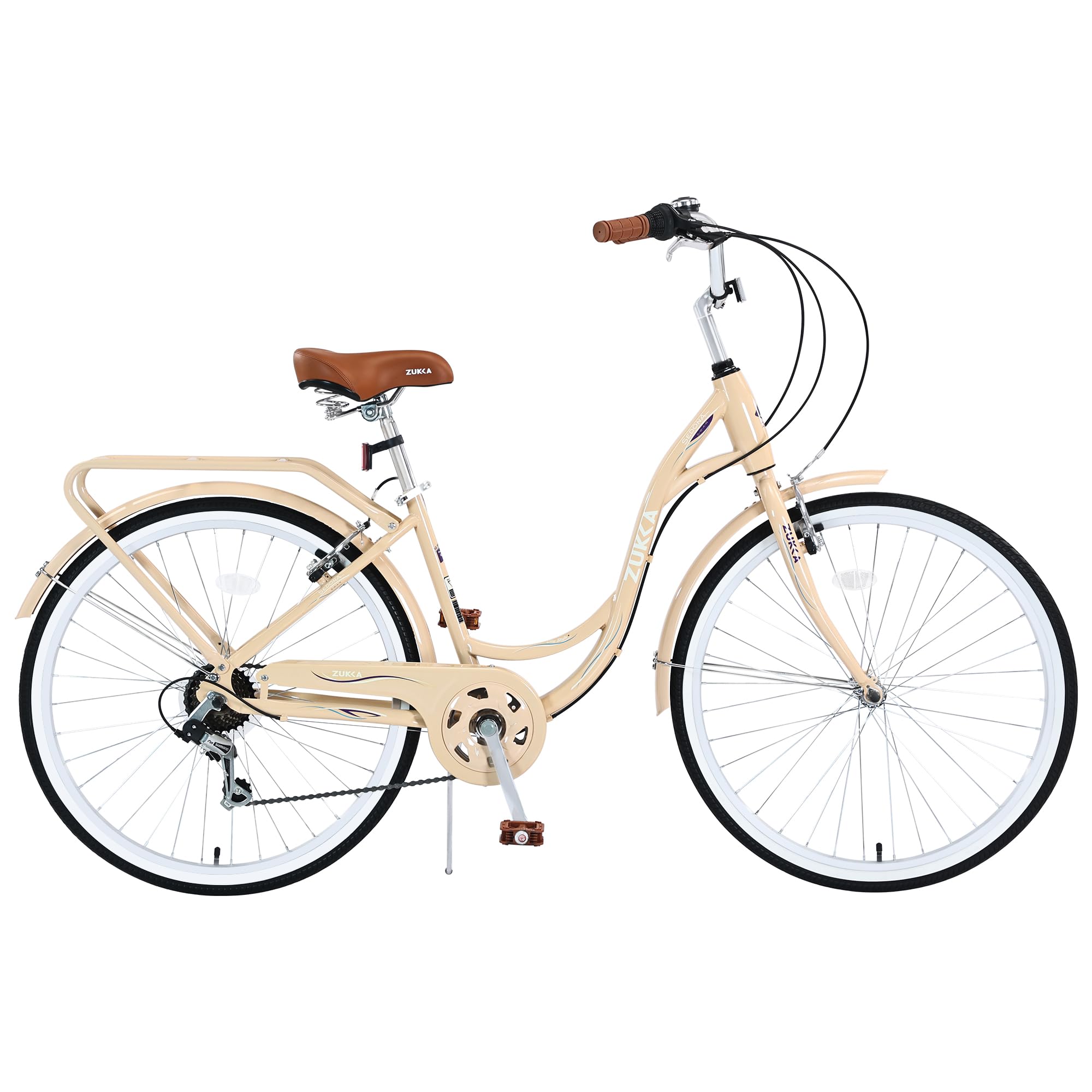 WEEROCK 24 Inch Bicycle Cruiser Bike 7 Speeds Steel Frame Cith Bike Commuter Cycle for Women, Men, Seniors, Beige