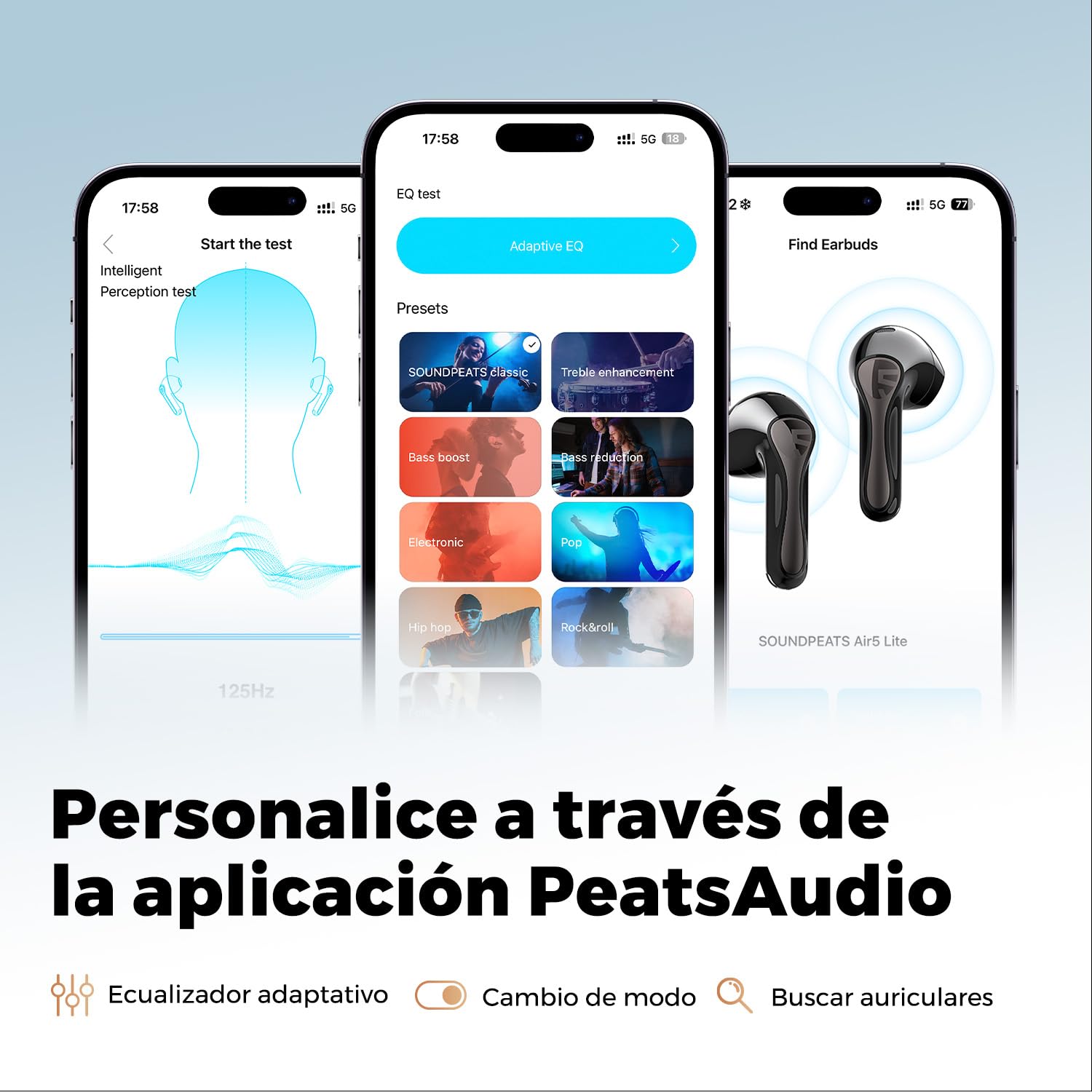 SoundPEATS Air5 Lite Auriculares Inalámbricos con Audio de Hi-Res, Auriculares Bluetooth 5.4, Controladores de 13 mm, Códec LDAC, Reducción de Ruido de Llamadas, 30H, Control de App, Carga Rápida