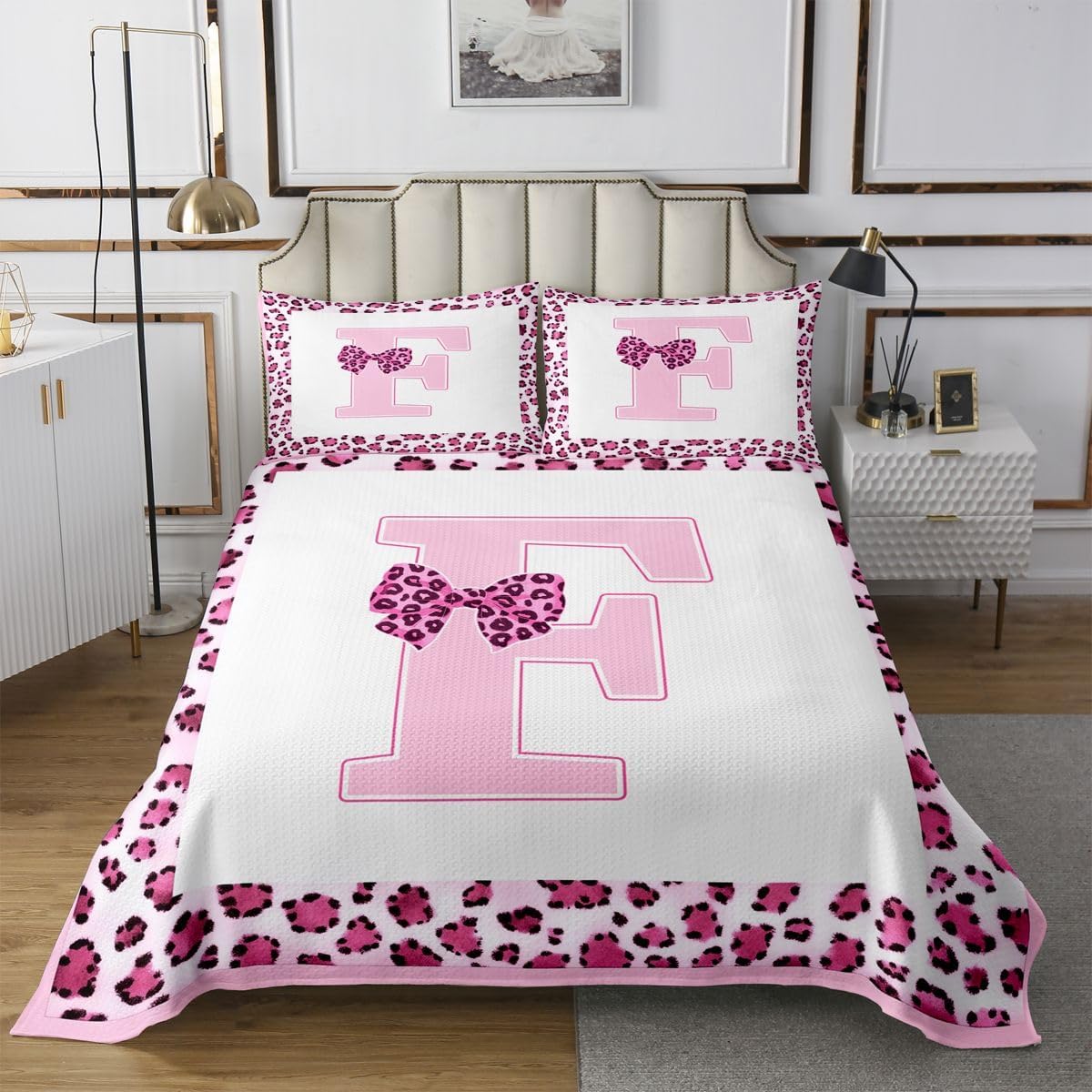 Feelyou Initial Letter F Bedspread King Size Leopard Animal Fur Print Coverlet Set Abstract Quilted Coverlet for All Season with 2 Pillowcases Lightweight