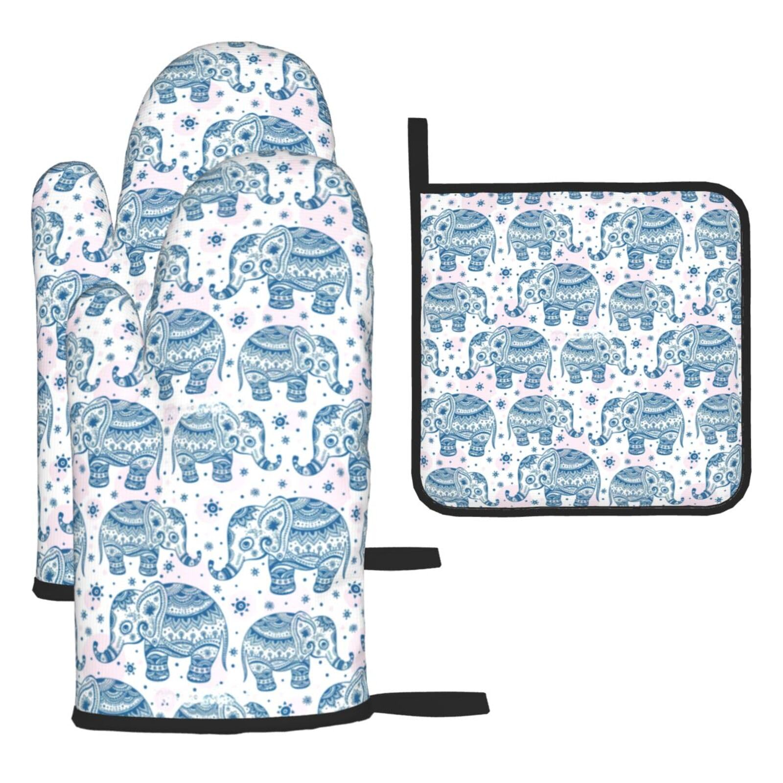 Yyoretp Black Boho Elephant Print Oven Mitts And Potholders Bbq Gloves-Oven Mitts And Pot Holders For Cooking Baking
