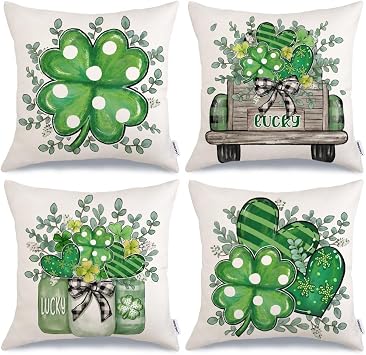 St Patricks Day Lucky Shamrock Eucalyptus Heart Mason Jars Truck Throw Pillow Covers 18x18 Inch Set of 4, Green Holiday Farmhouse Decorative Cushion Cases for Home Decoration G670-18