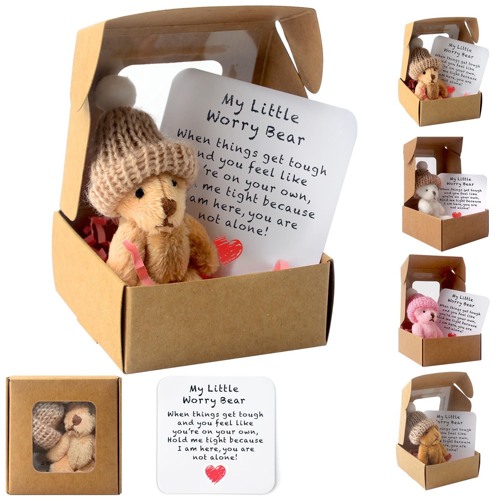 71Nmly 4 Pcs Worry Bear Hug in a Box,A Little Pocket Bear Hug Mini Worry Bears with Inspirational Card Handmade Mini Plush Teddy Bears in Box Bears Doll Positive Gifts for Kids Friends