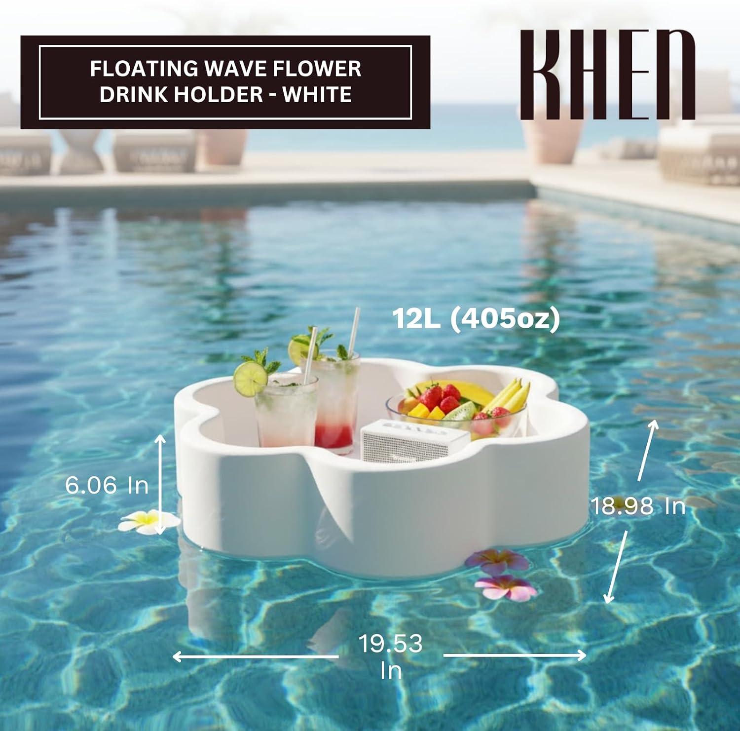 Floating Flower Tray, Single Piece, Lightweight Serving Holder for Drinks Snacks Small Items, Ideal for Summer Relaxation Outdoor Poolside Lounging Beach Parties and Gift Giving - 19.5" 12L White image 2