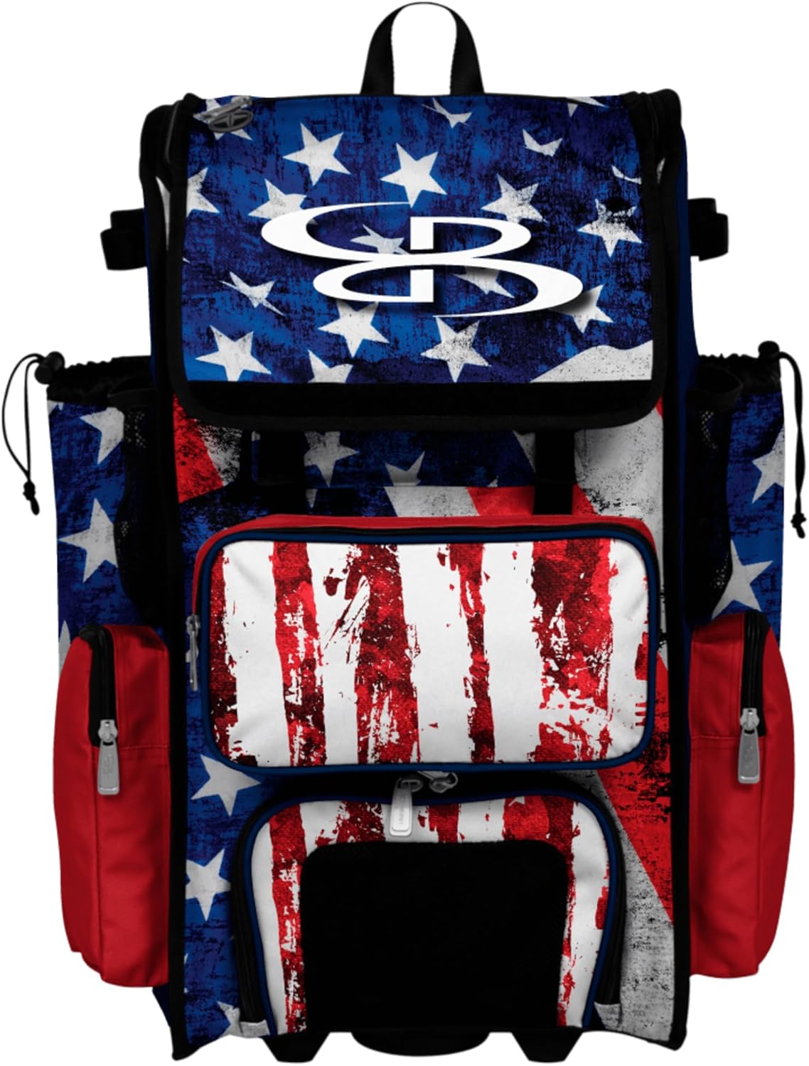 Boombah Rolling Superpack Baseball/Softball Gear Bag - Telescopic Handle - Holds 4 Bats - Wheeled Version - USA Stars & Stripes Navy/Red/White