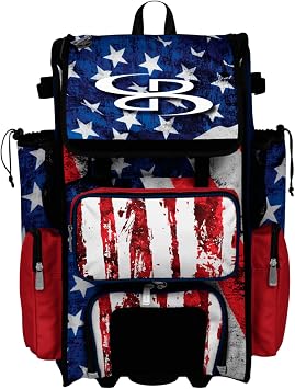 Boombah Rolling Superpack Baseball/Softball Gear Bag - Telescopic Handle - Holds 4 Bats - Wheeled Version - USA Stars & Stripes Navy/Red/White