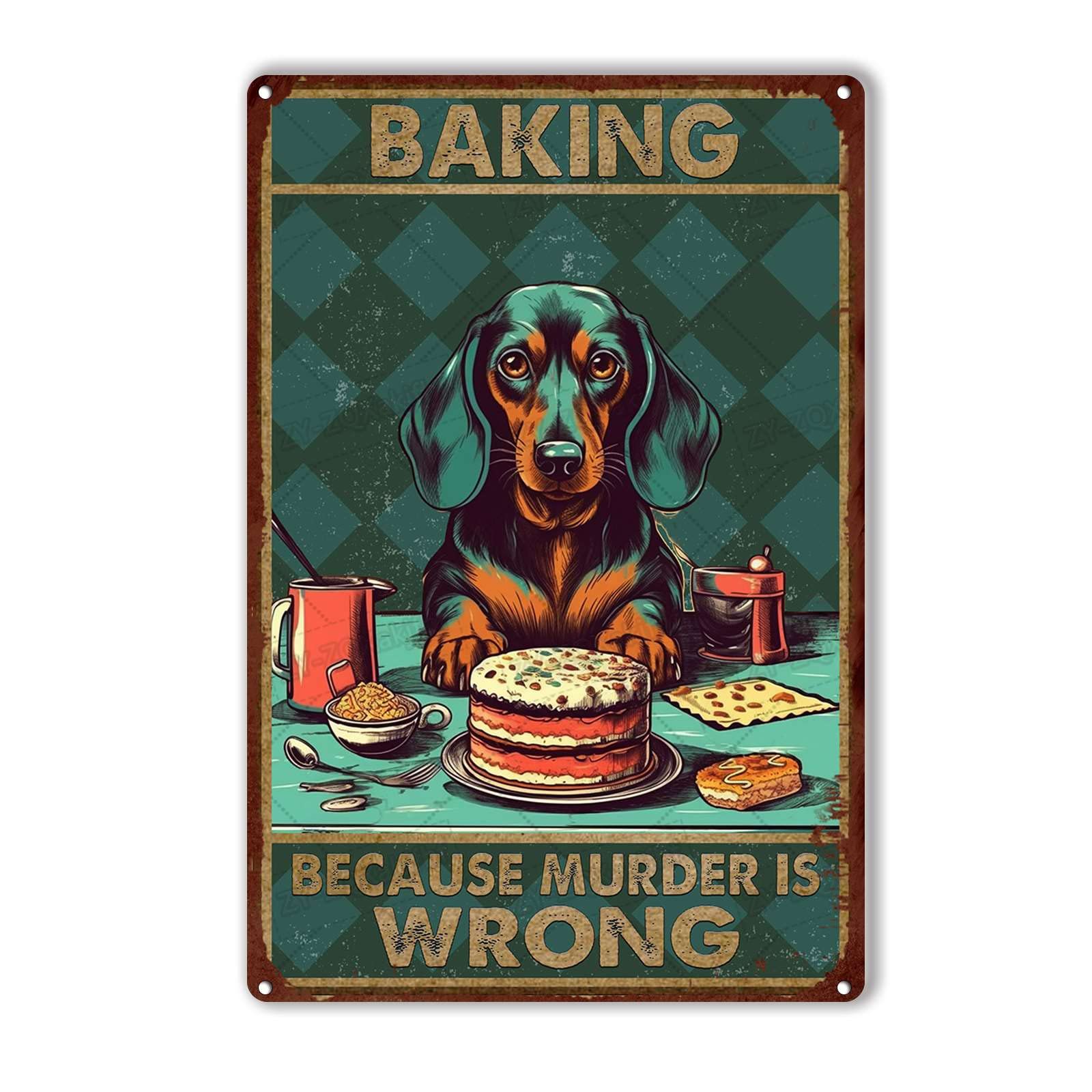 peiyeety Metal Tin Sign Dachshund Baking Inspired Vintage Decorative Wall Plaque, Funny Kitchen Poster For Home Kitchen Living Room Bar Cafe Farmhouse Indoor Outdoor Patio Wall Decoration, 12x16 Inch