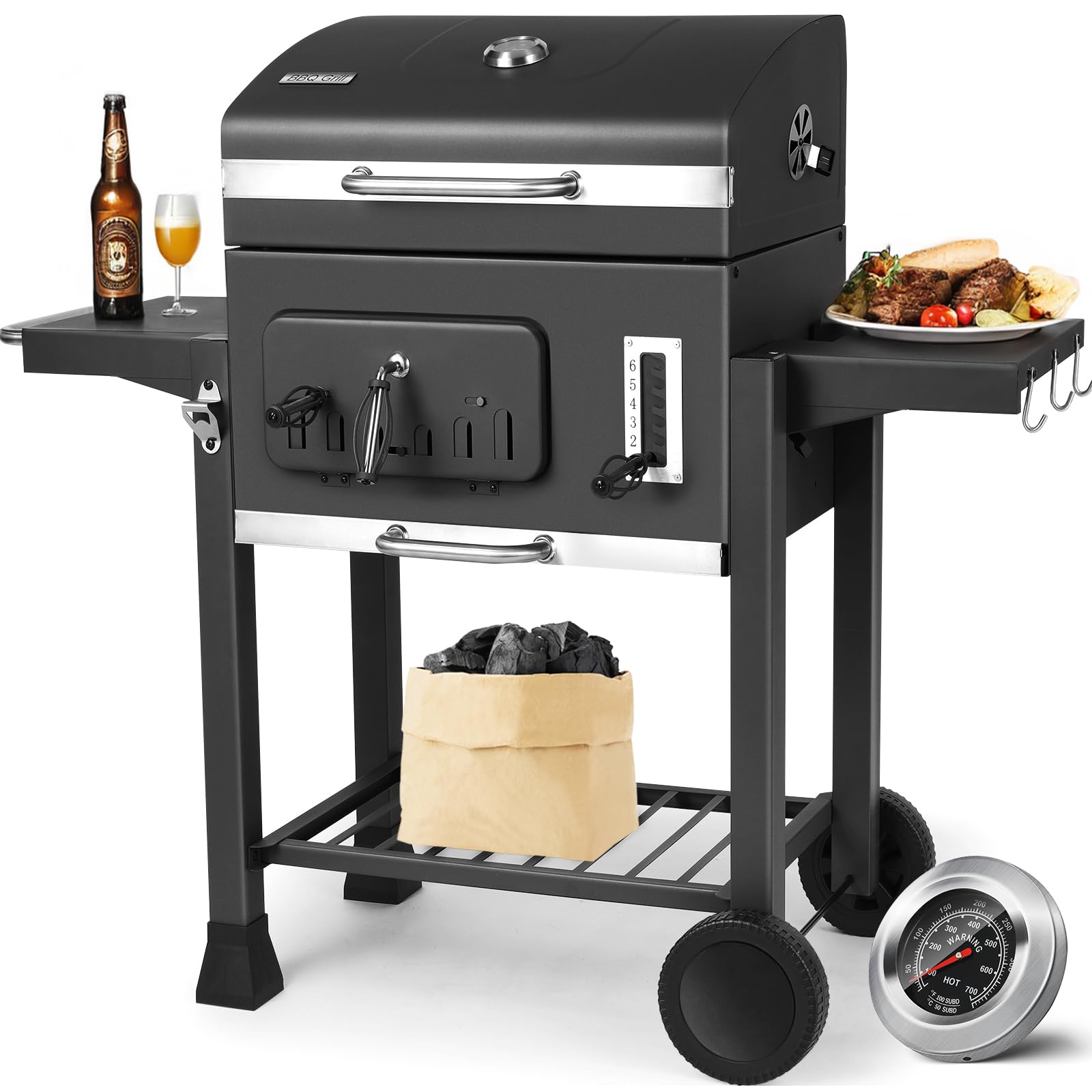 TLSUNNY Parrilla Barbacoa Carbon con Tapa, Barbacoas de Carbon XXL, Parrilla de Carbón Vegetal con Termómetro, Abrebotellas, Ruedas, BBQ Smoker en Jardín y Exteriores, Gran Capacidad, Portatil, Negro