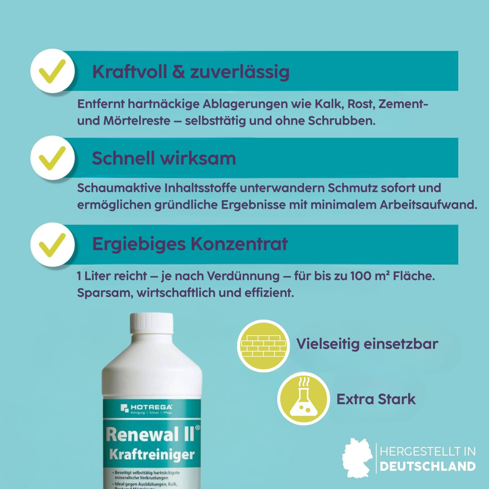 HOTREGA Renewal II Kraftreiniger Konzentrat 2x 1 Liter | Entfernt Kalk, Rost, Zement- und Mörtelreste von Fliesen, Natur- & Kunststein
