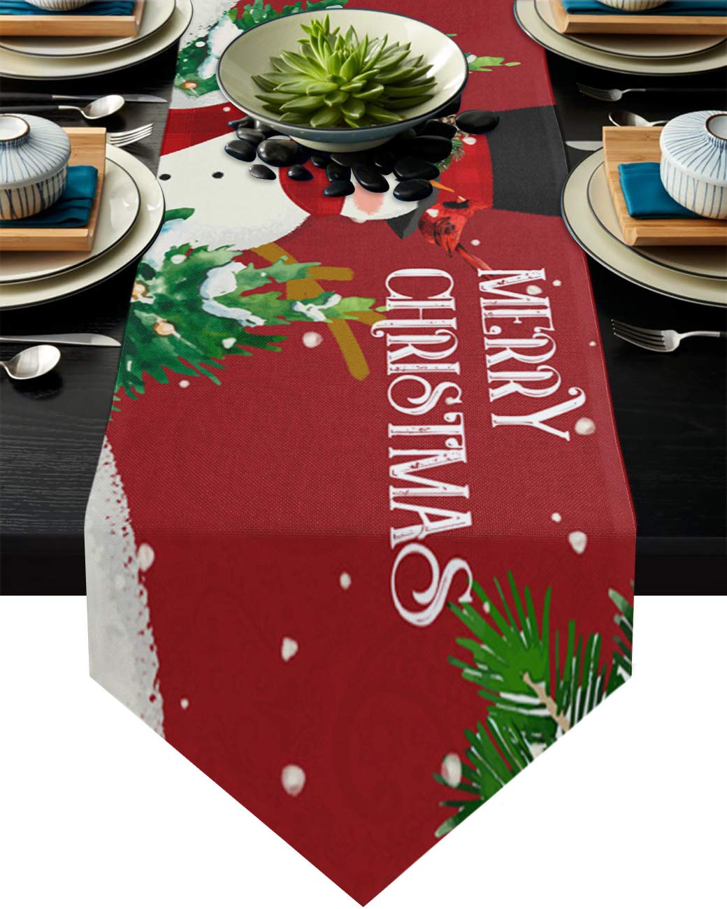 ALAGEO Cotten Linen Table Runner, Merry Christmas Snowman Xmas Tree Red Kitchen Table Runners Runners for Christmas Holida...