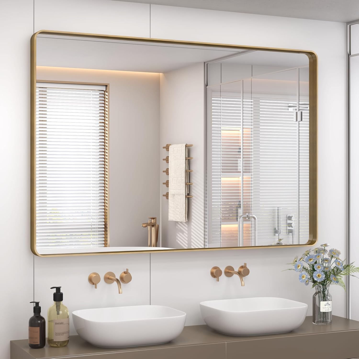 48x36 Inch Gold Bathroom Mirror, Brushed Metal Framed Gold Wall Mirror, Modern Rounded Rectangle Brass Vanity Mirror, Shatterproof, Anti-Rust (Horizontal/Vertical) 48"L x 36"W Gold