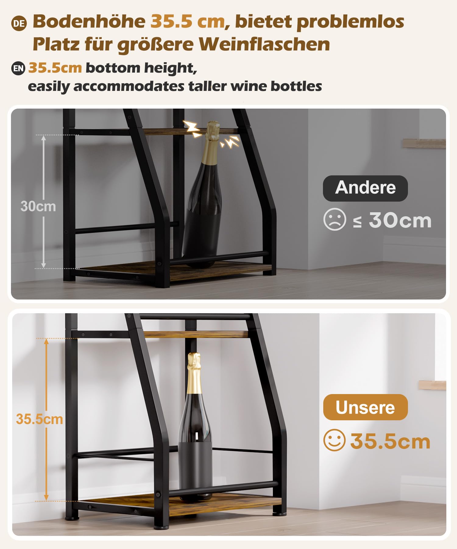 Yorbay 3-Stöckiges Freistehendes Weinregal mit Geländer: Modern Metall-Holz Flaschenregal für Wein und Weingläser - Trapezförmiges Weinflaschenhalter für Bar Küche Esszimmer