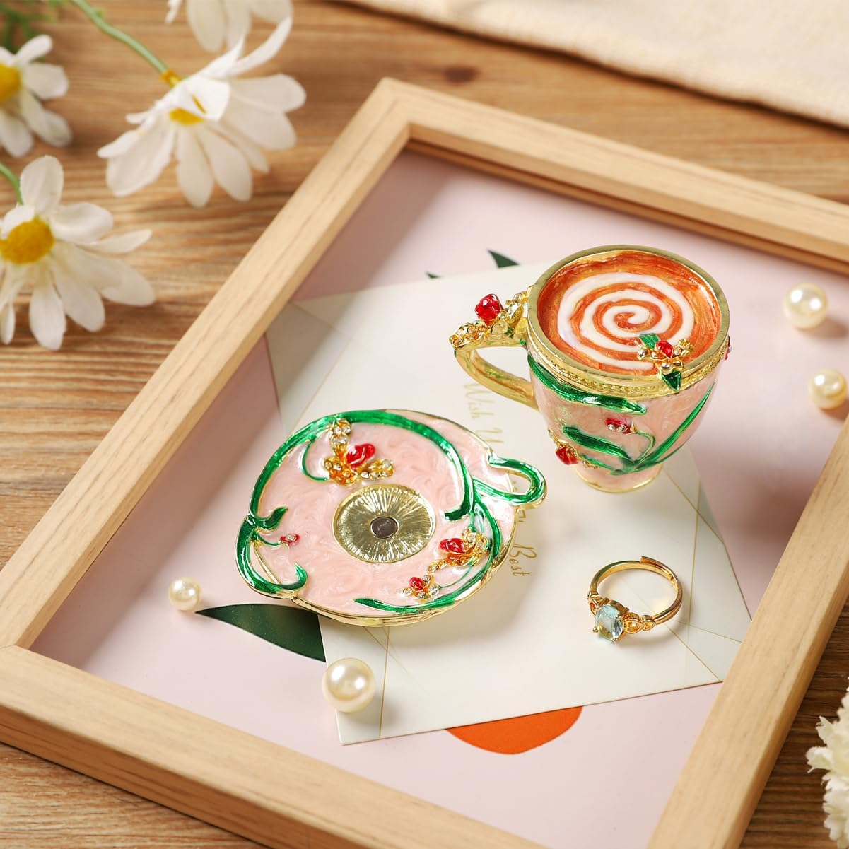 Vintage Coffee Cup Trinket Box Hinged Enamel Small Jewelry Boxes Hand-Painted Coffee Cup Figure Decorative Gift for Women