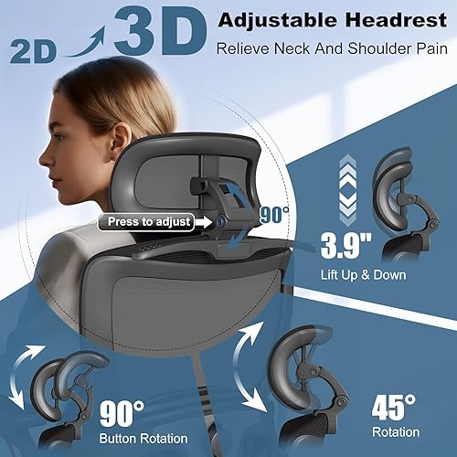 Miniatura 5 de Silla de oficina ergonómica, silla de escritorio de malla con reposabrazos abatibles 4D, reposacabezas ajustable 3D, respaldo ajustable 2D, ángulo