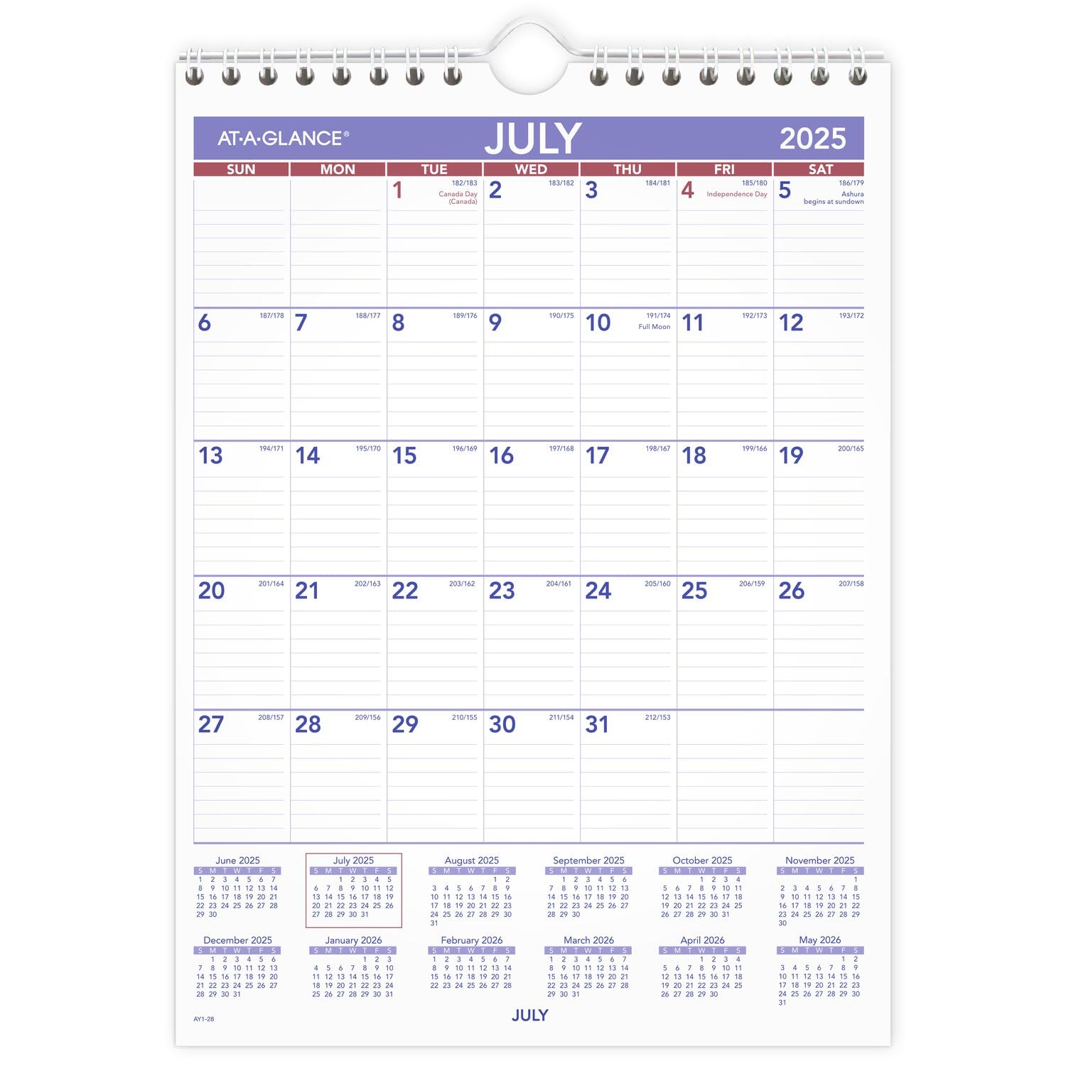 AT-A-GLANCE Wall Calendar 2025-2026 Academic, Monthly, 8" x 11", Small, Ruled Daily Blocks (AY128)