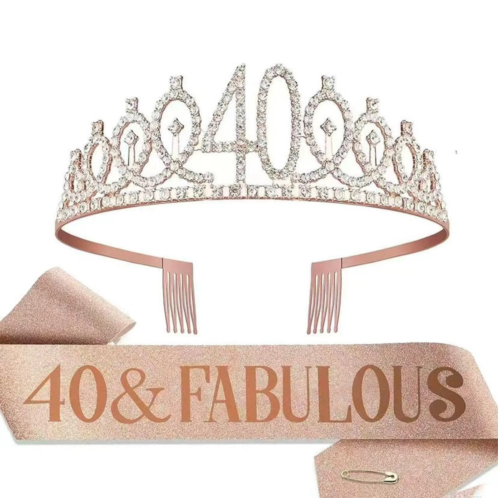 AIBAOBAO 40th Birthday Tiara and Sash, 40th Birthday Decorations for Women, Rose Gold Rhinestone Crown Tiara with Birthday Sash and Brooch, 40th Birthday Party Accessories Gift Set for Women