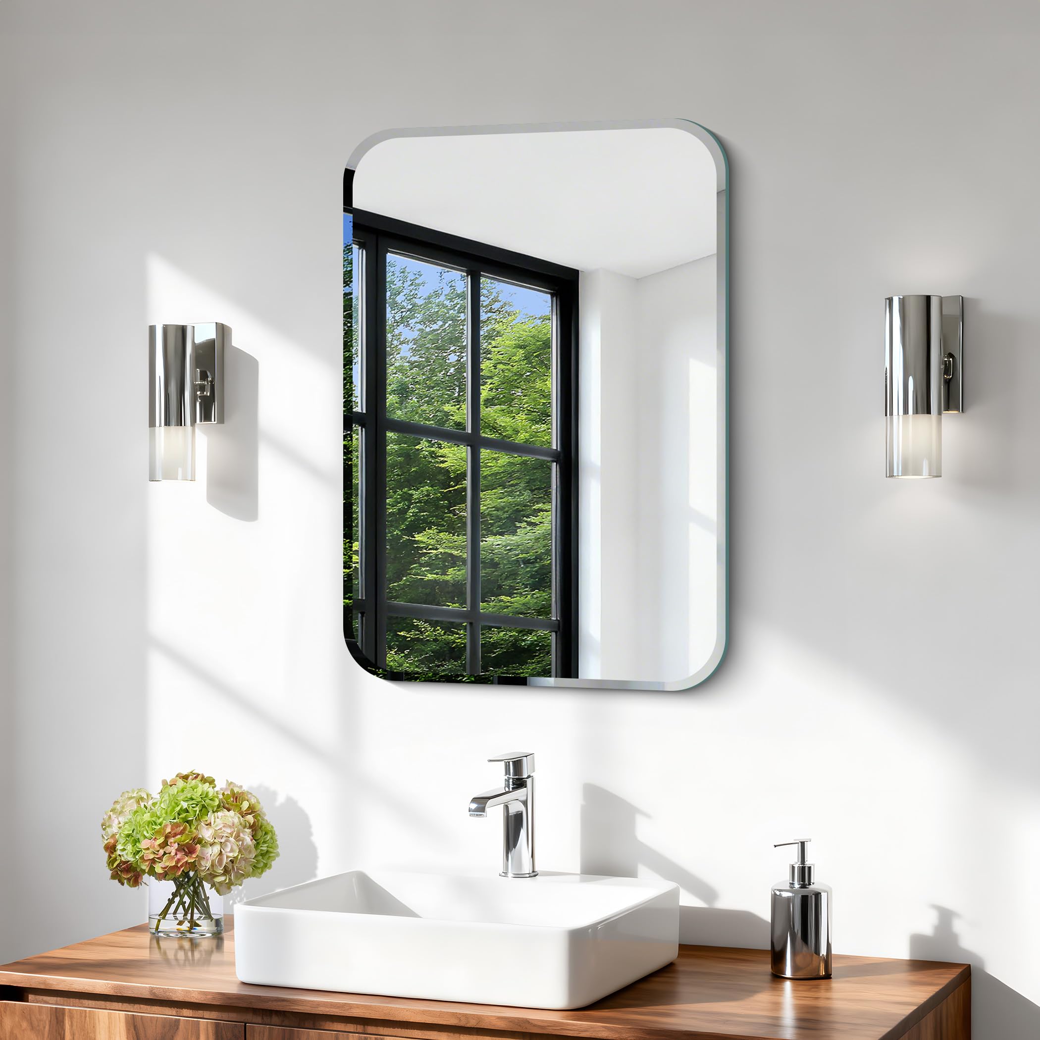 Rechteckiger Wandspiegel, 70x50 cm rahmenloser Spiegel mit abgerundeten Ecken und geschnittenem Rand, für Badezimmer, Schlafzimmer und Wohnzimmer, horizontal und vertikal montierbar