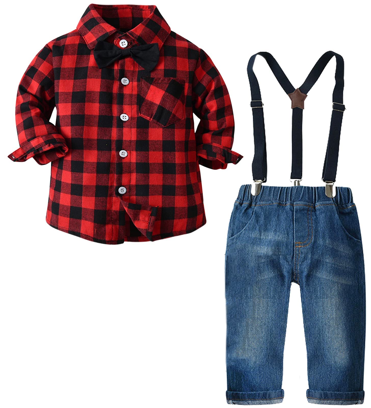 SANGTREEBaby Boys Clothes, Long Sleeves Flannel Plaids Button Down Shirt with Bow Tie + Suspender Denim Jeans Pants Set Outfit S02 Red Black, Tag 120 = 3-4 Years, S02 Red Black, 3-4 years