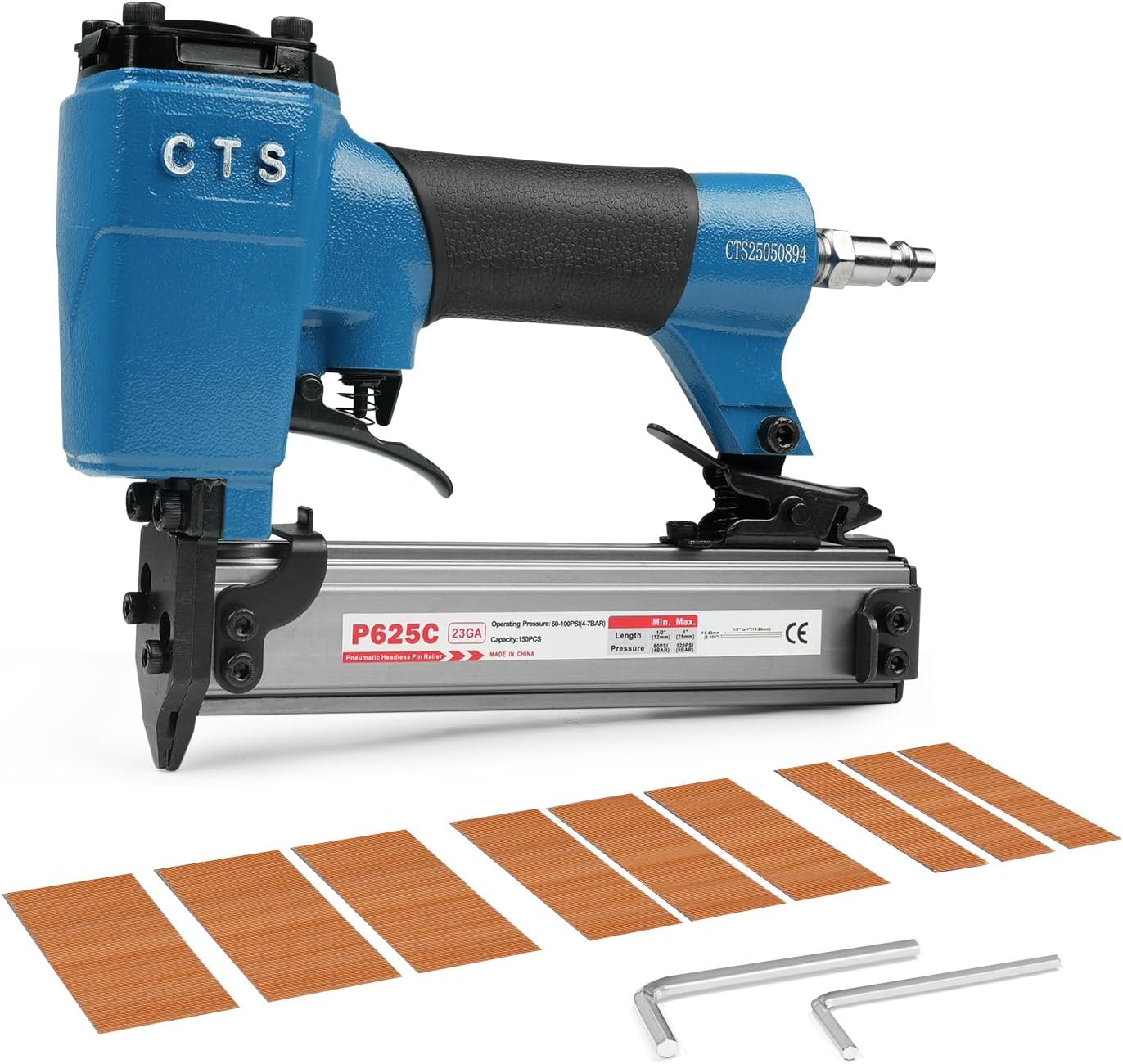 CTS P625C 23 Gauge Pin Nailer with 3000PCS Nails, Pneumatic Headless Pin Nail Gun with Safety Lock, Fits 1/2'' to 1'' (12 to 25mm) Pin Nails, Air Micro Pinner for Cabinets, Crafts and Woodworking