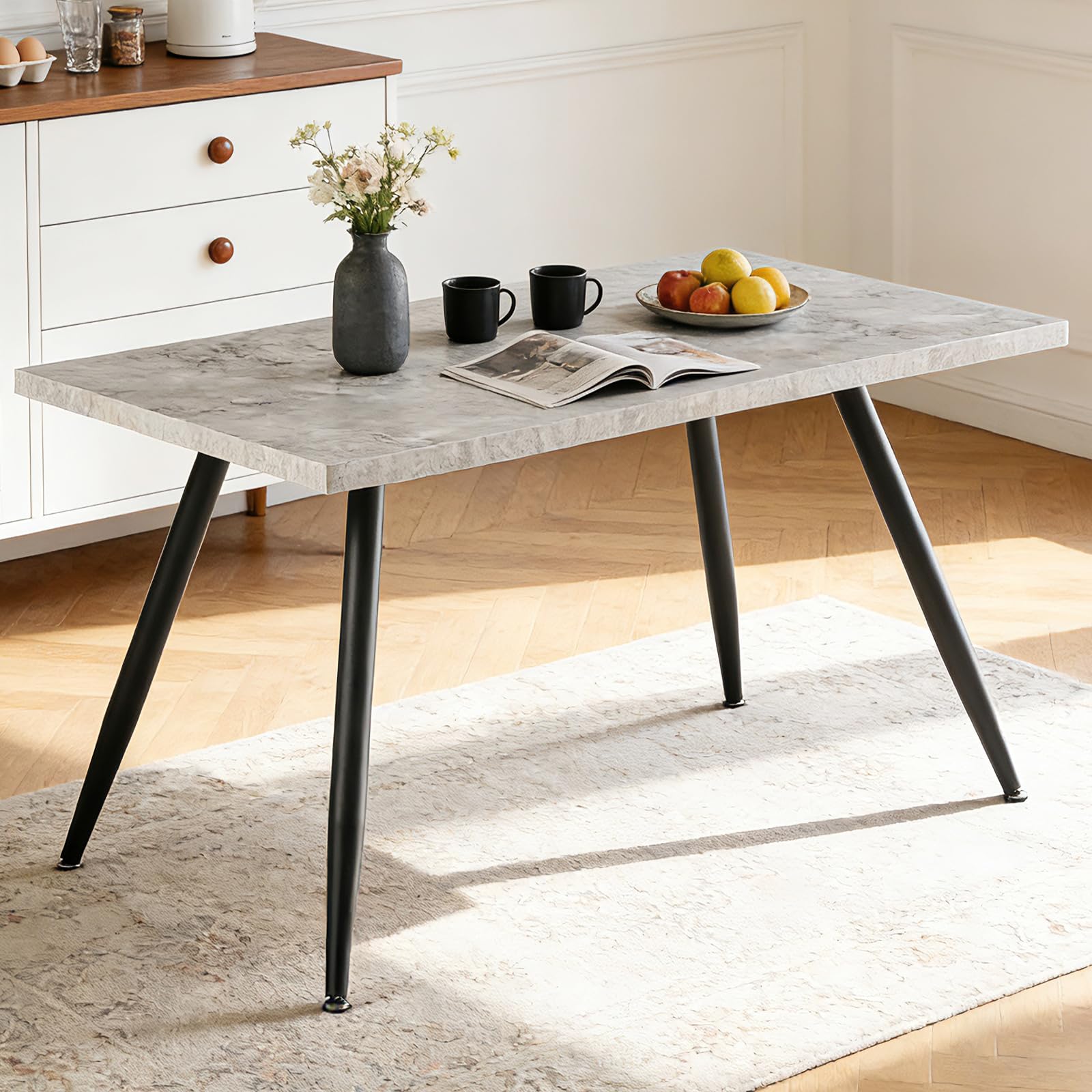 AINPECCA Dining Table with Black Metal Legs Kitchen Table (Grey Marble Effect Top, 150 * 90cm)