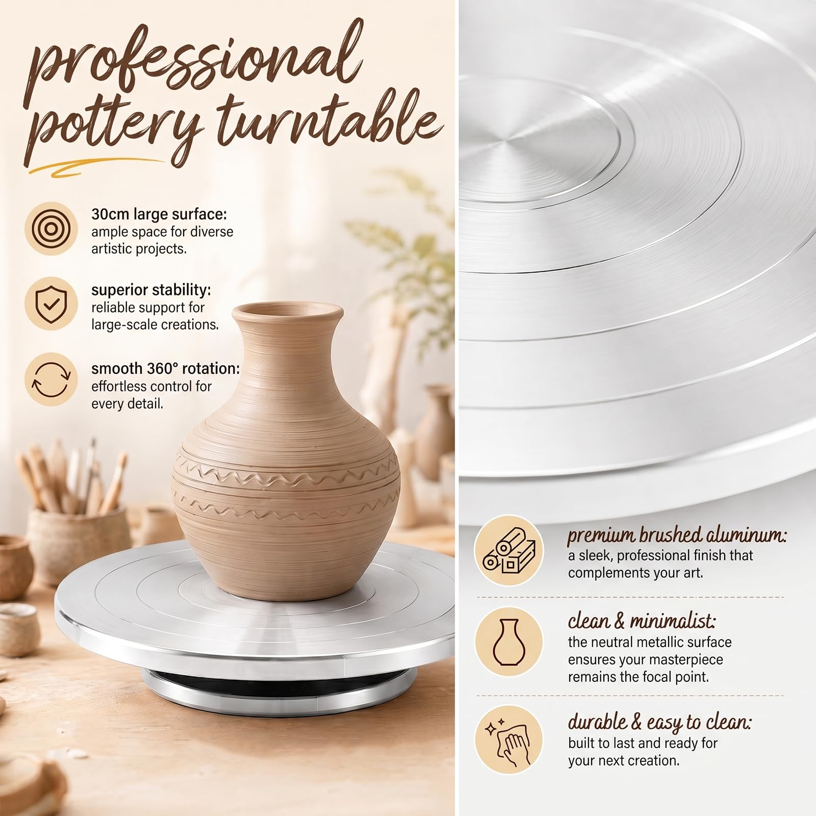 Töpferscheibe, φ25cm 360° Drehbarer Drehscheibe Töpfern Aus Aluminiumlegierung, Doppelseitiges Töpferrad DIY Tonwerkzeuge Craft Clay Ton Skulptur Drehteller für Keramik, Töpferei Basteln und Modellbau