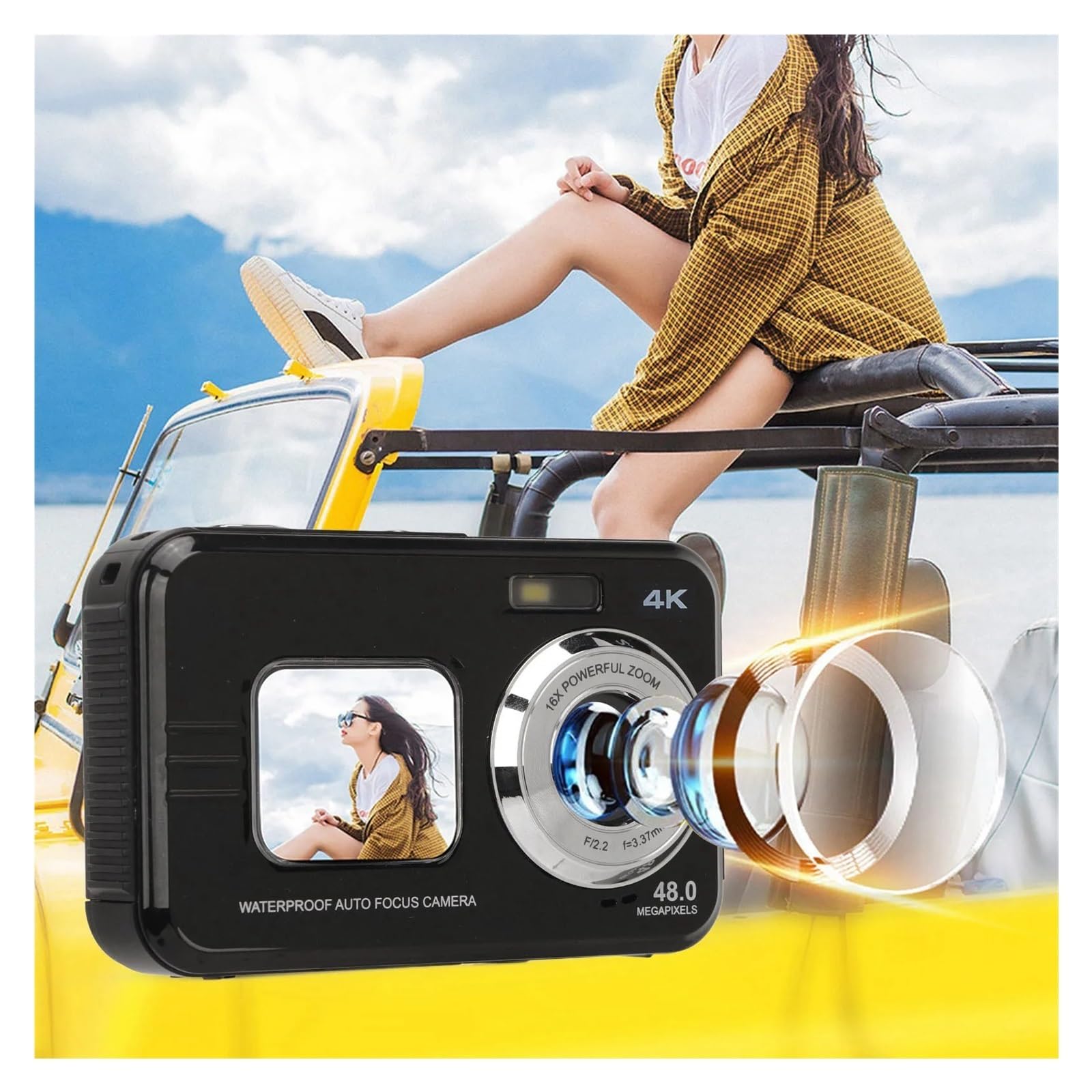 Macchina Fotografica Di Sport Subacquea 48MP 4K Uscita Video Zoom Digitale 16X Anti Shake Impermeabile Vlog Cattura Facilmente Momenti Meravigliosi(Yellow)