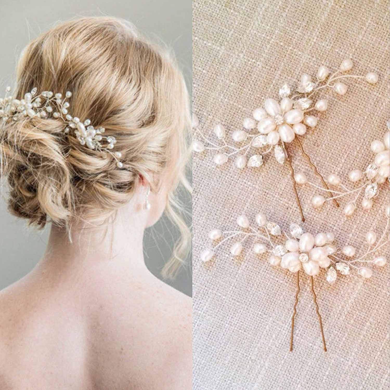 XHHOME Wedding Hair Pins Clips Bride Head Pearl Piece Bridal Crystal Hair Jewelry for Women and Girls (white)