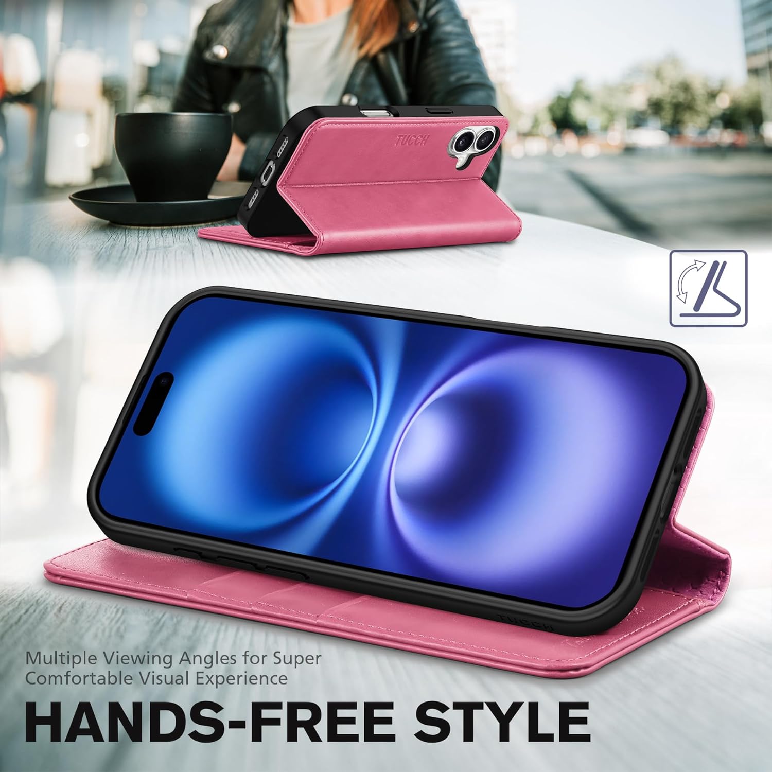 TUCCH Case Wallet for iPhone 16, [3 Card Slots] Kickstand PU Leather [RFID Blocking] Case, Flip Folio Cover with [TPU Shockproof Interior Shell] Compatible with iPhone 16 2024, Hot Pink