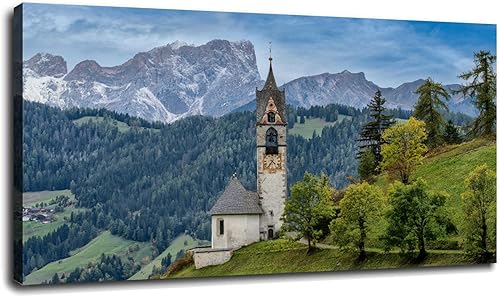 Póster de Italia Mountains Church La Valle Alps lienzo impreso para decoración de pared para el hogar y la oficina con marco de 20 x 12 pulgadas