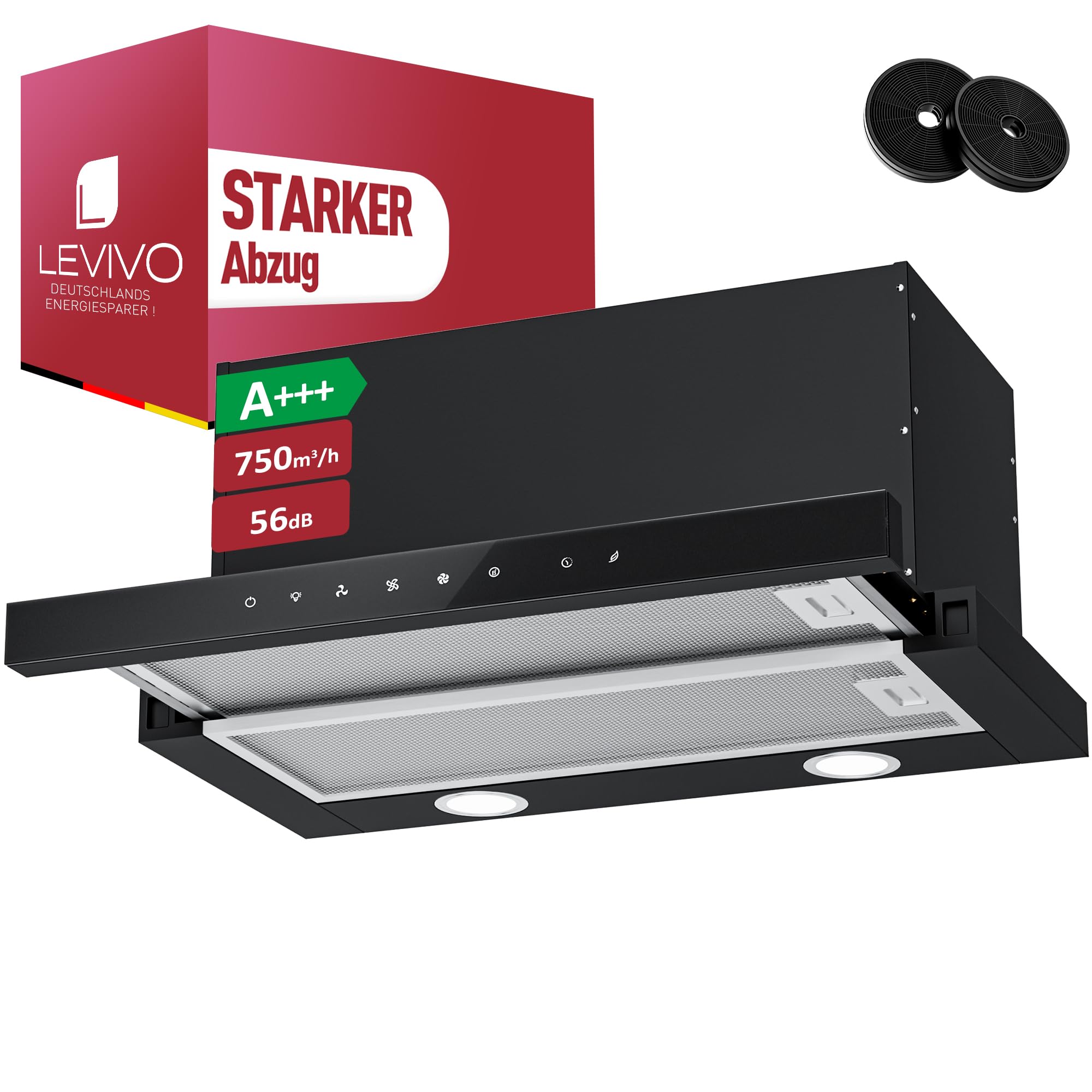 LEVIVO Dunstabzugshaube 60cm Unterbau Umluft Abluft 750 m³/h Flachschirmhaube 3 Stufen LED-Licht Ausziehbar Schwarz