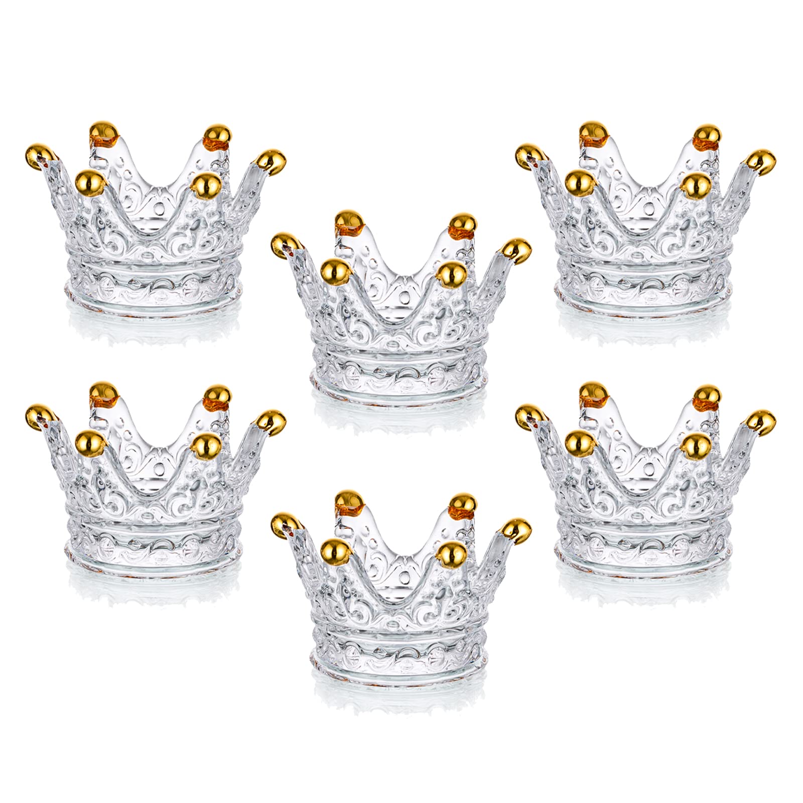 Glasseam Glass Tealight Candle Holder, Gold Rim Crown Crystal Candle Holders Set of 6, Vintage Small Tea Lights Candle Holder Centerpiece, Decorative Votive Candle Holders for Table Wedding Christmas