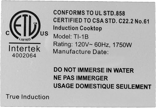 Miniatura 5 de TI-1B 12 pulgadas Inducción de un solo quemador de inducción de vitrocerámica, 1750 W, certificado UL858