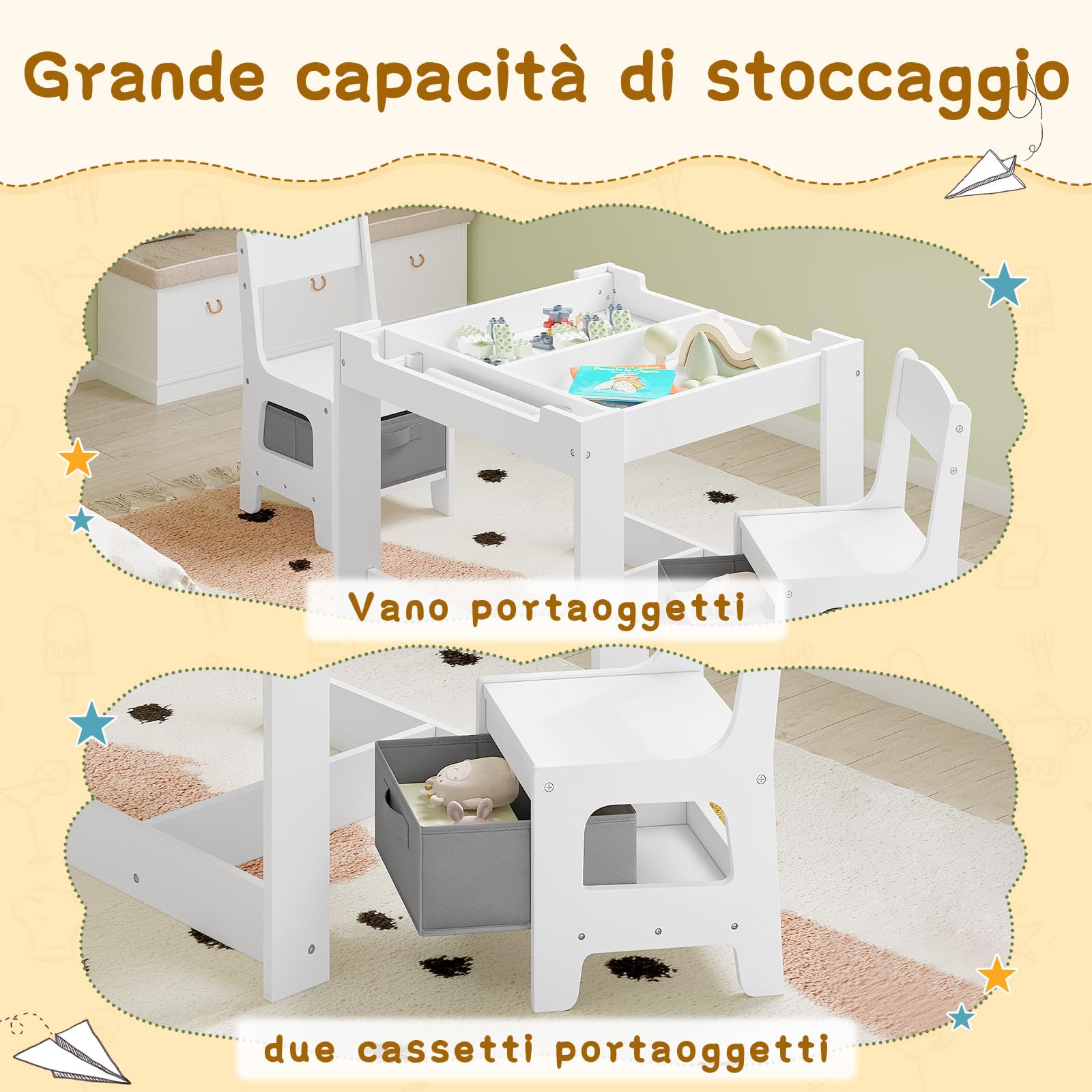 Lestarain Tavolino per Bambini con 2 Sedie, Lavagna, Scatole Portaoggetti, con Rullo di Carta per Asilo, Stanza dei Giochi