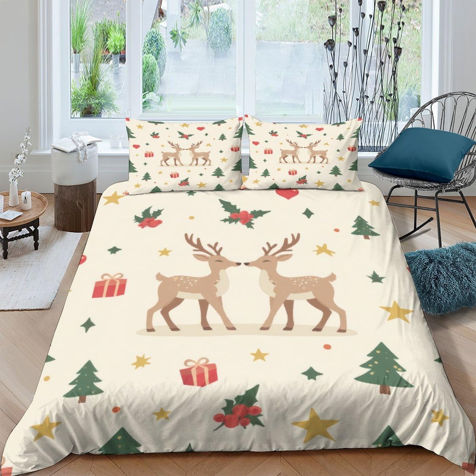 Ctjqhvkz Style-9 3D Printed Christmas Reindeer Fitted Sheet Microfiber Soft Festive Tree Bed Cover For Bedroom Guest Room Decor Single（135X200cm）